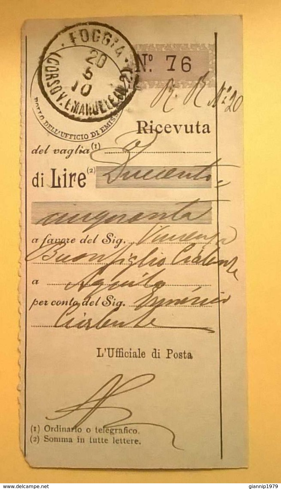 VAGLIA POSTALE RICEVUTA FOGGIA 1910 - Vaglia Postale