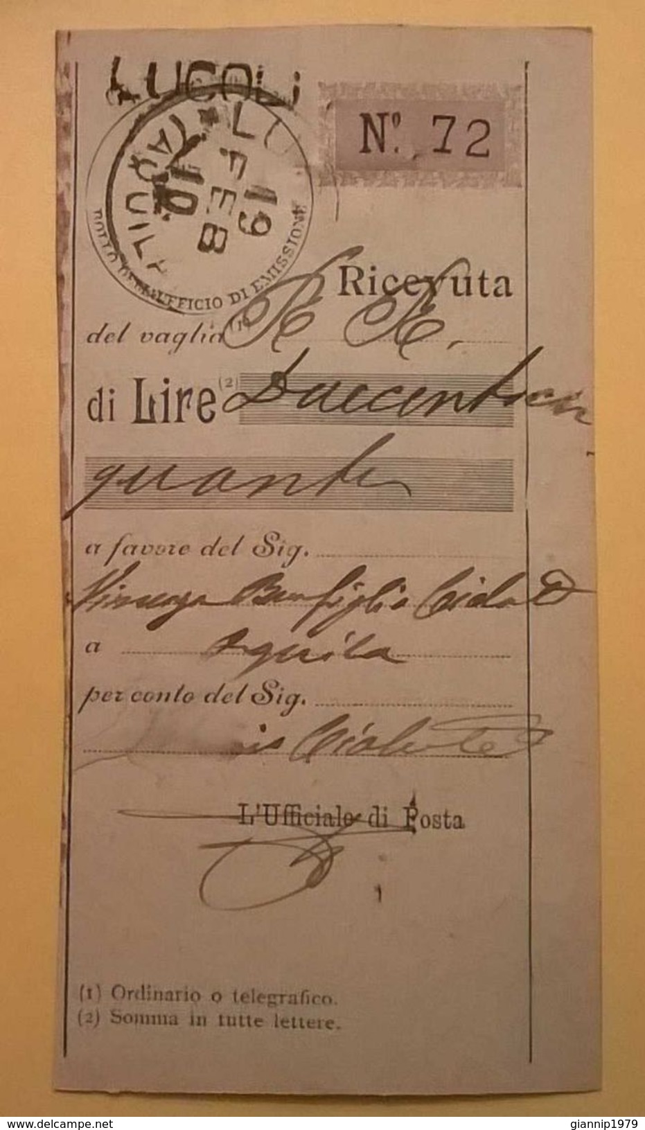 VAGLIA POSTALE RICEVUTA LUCOLI 1910 - Taxe Pour Mandats