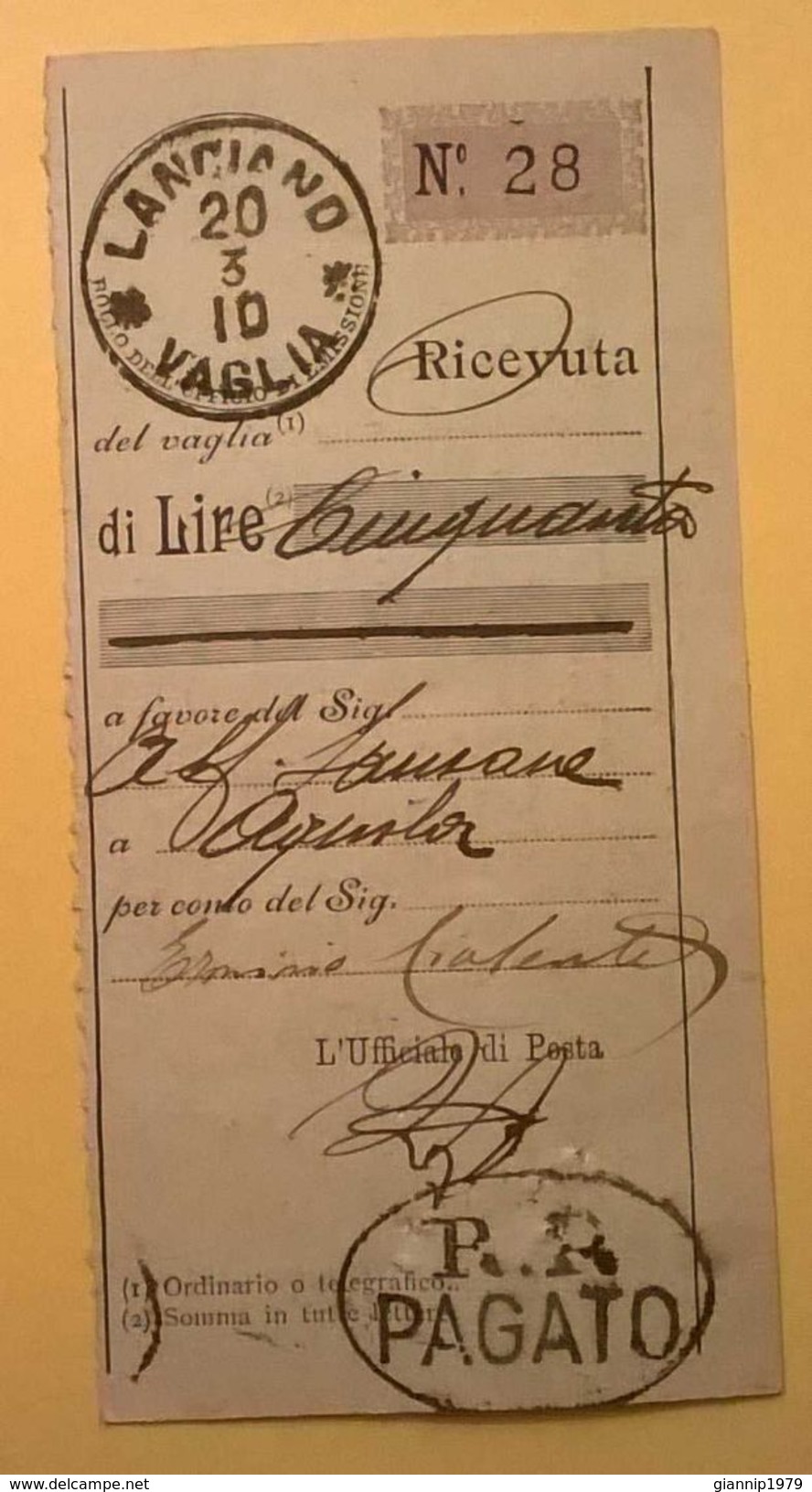 VAGLIA POSTALE RICEVUTA LANCIANO 1910 CON DOPPIA TIMBRATURA R.R. PAGATO - Mandatsgebühr