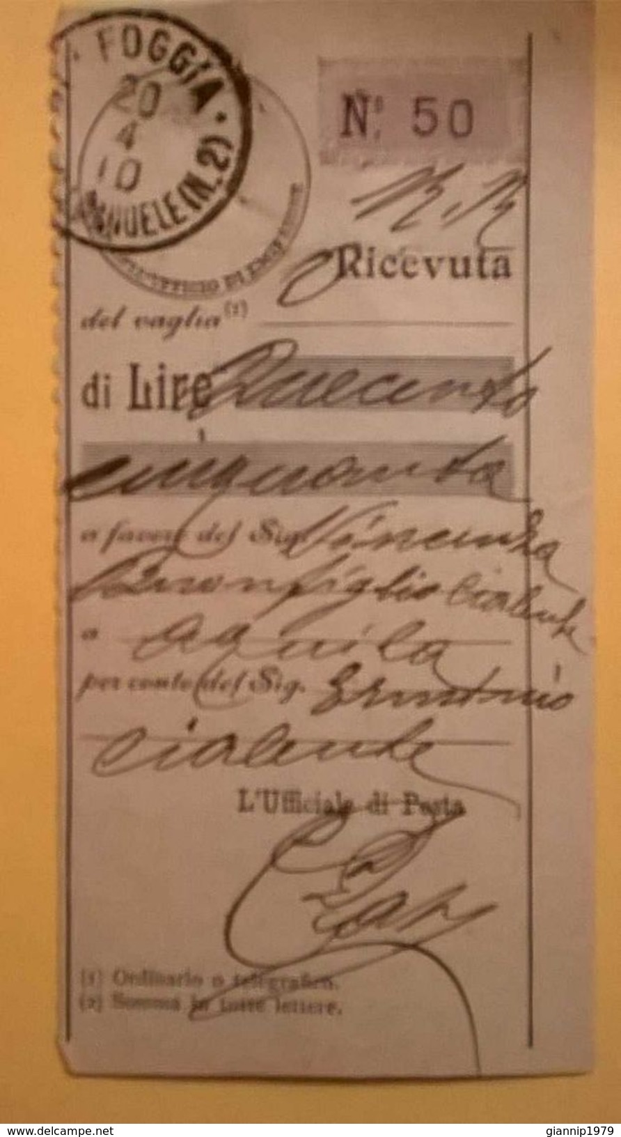 VAGLIA POSTALE RICEVUTA FOGGIA 1910 - Tax On Money Orders