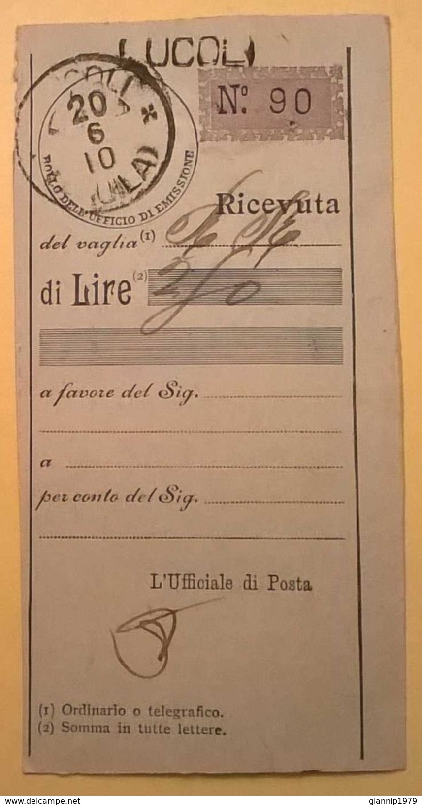 VAGLIA POSTALE RICEVUTA LUCOLI 1910 AQUILA - Vaglia Postale