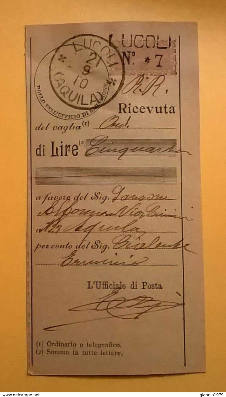 VAGLIA POSTALE RICEVUTA LUCOLI 1910 AQUILA - Tax On Money Orders