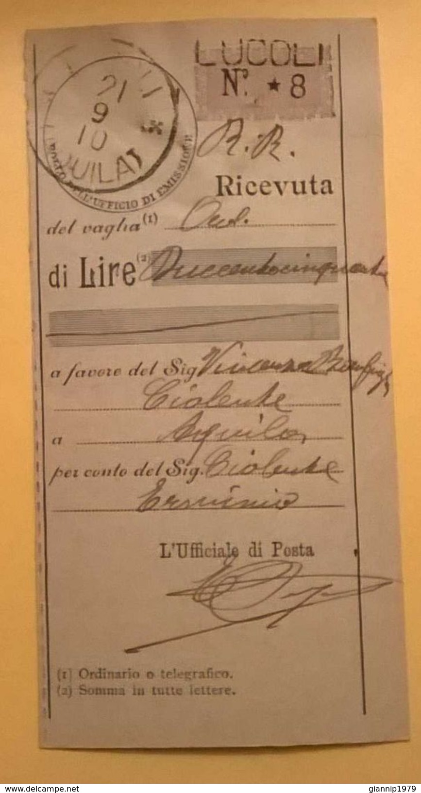 VAGLIA POSTALE RICEVUTA LUCOLI 1910 AQUILA - Taxe Pour Mandats