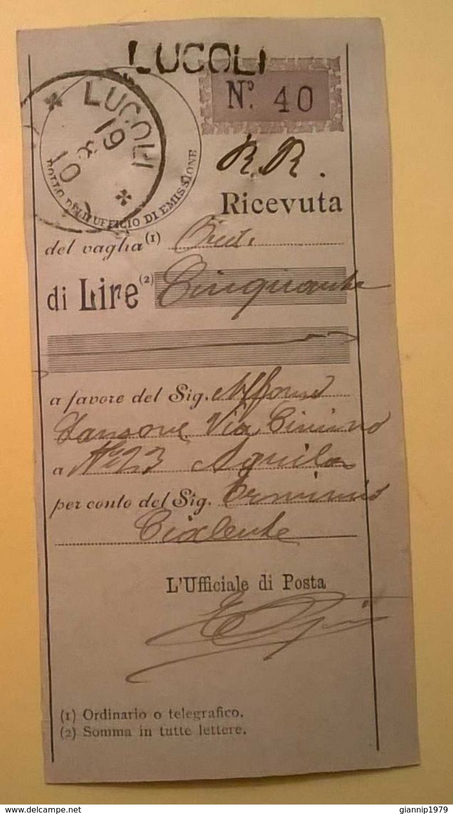 VAGLIA POSTALE RICEVUTA LUCOLI 1910 AQUILA - Strafport Voor Mandaten