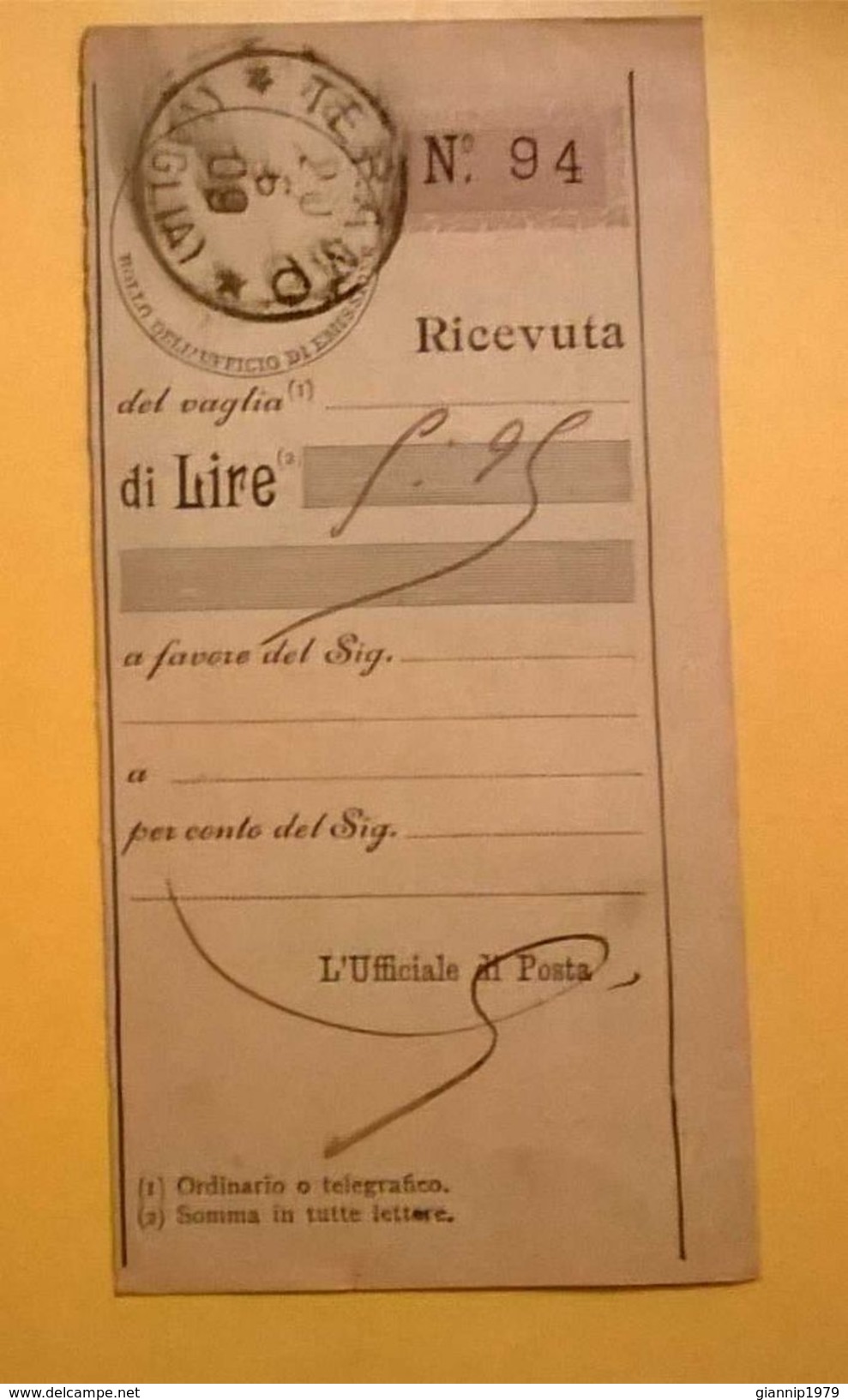 VAGLIA POSTALE RICEVUTA TERAMO 1909 - Taxe Pour Mandats