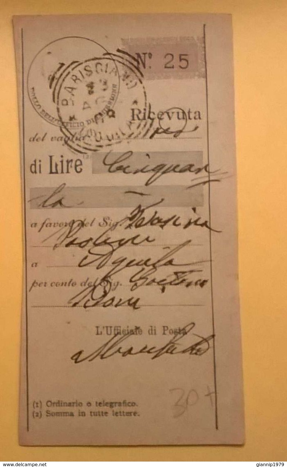 VAGLIA POSTALE RICEVUTA BARISCIANO 1908 CON TIMBRATURA QUADRATA CON RIGHE - Taxe Pour Mandats