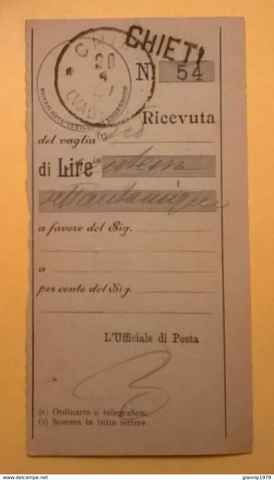 VAGLIA POSTALE RICEVUTA CHIETI 1907 - Tax On Money Orders