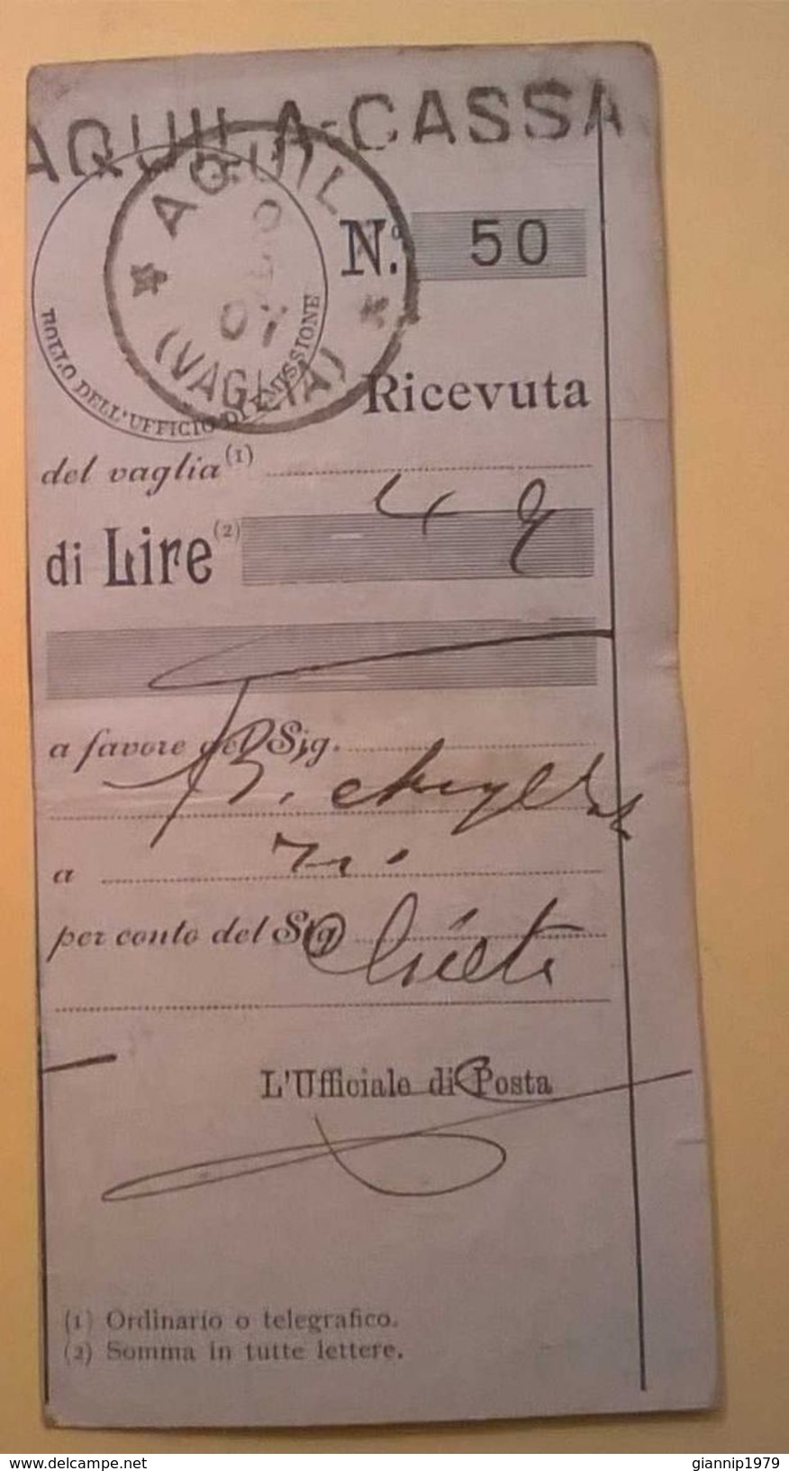 VAGLIA POSTALE RICEVUTA AQUILA 1907 - Tax On Money Orders