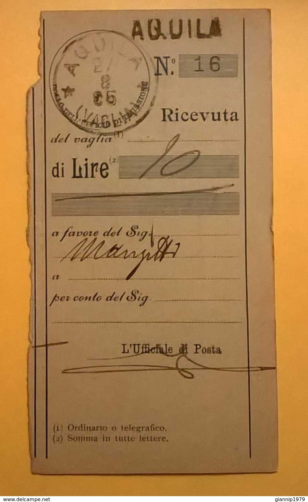 VAGLIA POSTALE RICEVUTA AQUILA 1905 - Mandatsgebühr