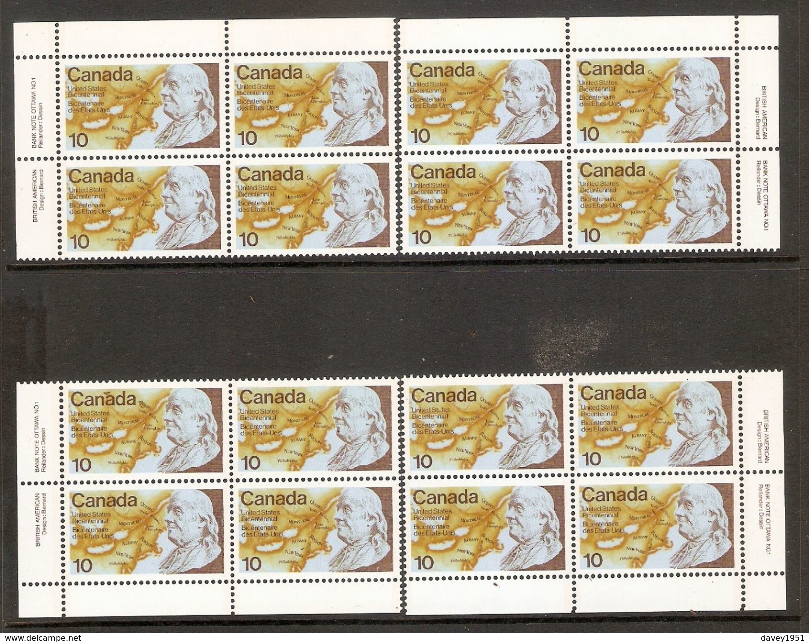 006068 Canada 1976 US Bicentennial 10c Plate Block Set MNH - Plate Number & Inscriptions
