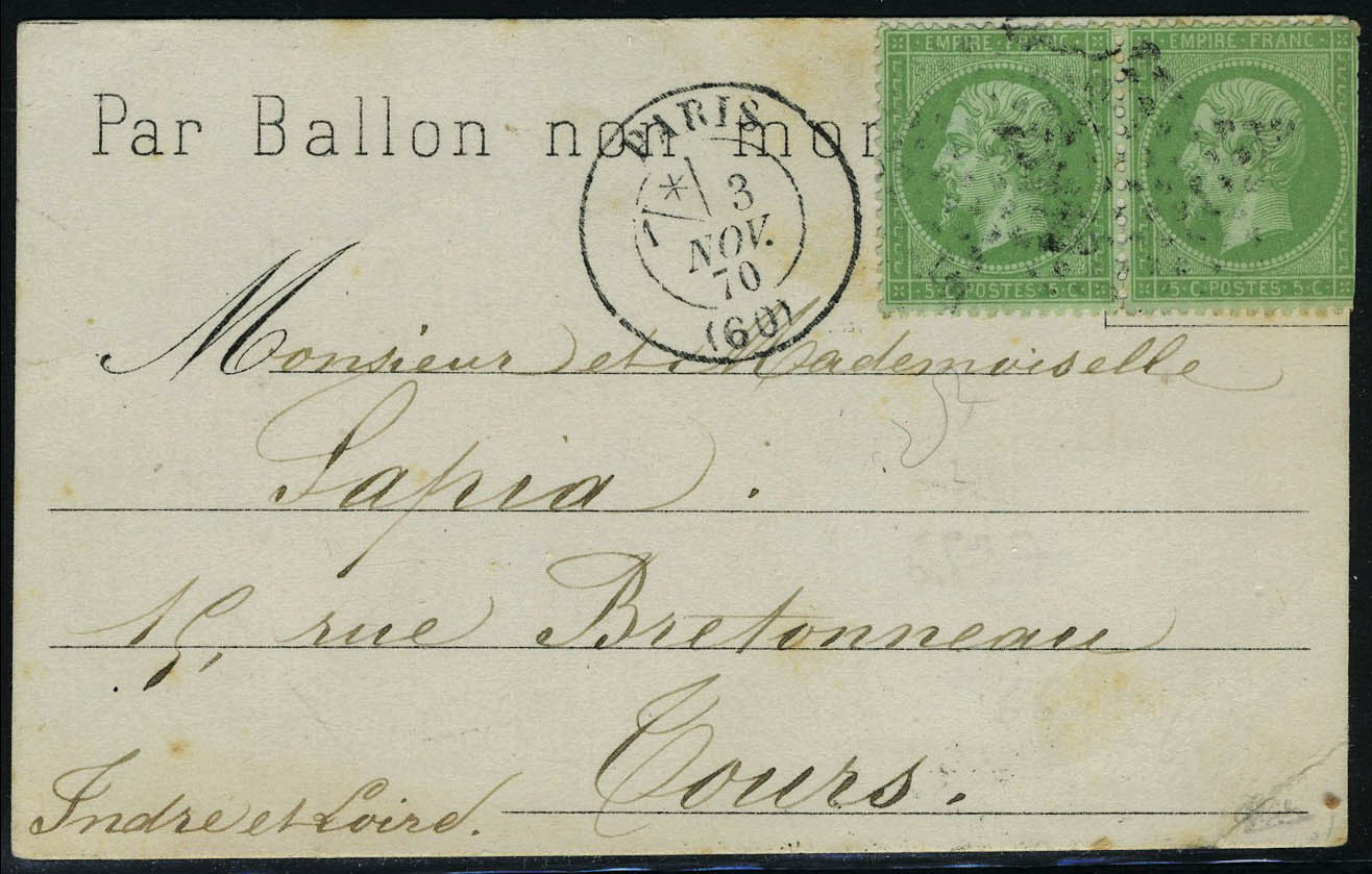 Lettre Le Ferdinand Flocon, Carte Avec Mention Par Ballon Non Monté Timbe à Droite,  Affranchie à 2 X 5c Vert Paris 3 No - Other & Unclassified