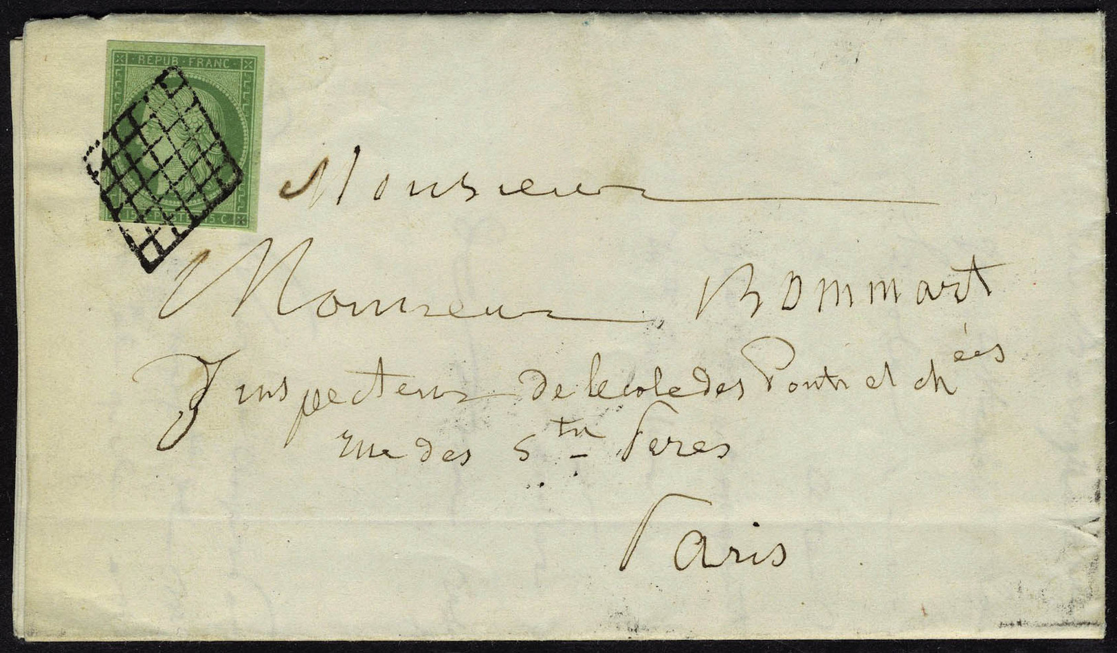 Lettre N° 2b, 15c Vert Foncé, Obl. Grille, Seul Sur L Pour Paris, Au Verso Cachet Levée De 2h1/2 Du Soir, Et Arrivée Par - Other & Unclassified