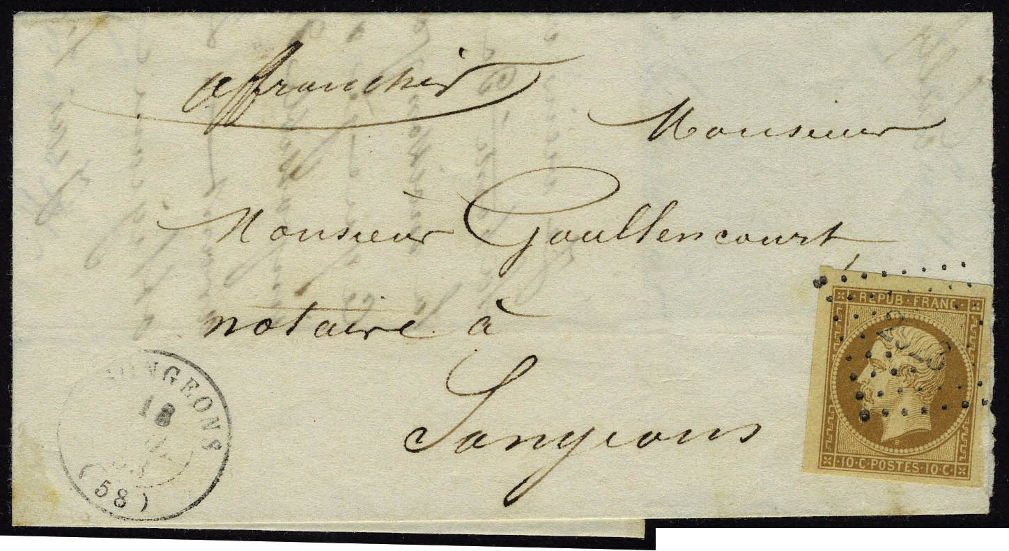 Lettre N° 9, 10c Bistre Brun Sur L Los PC 2923 + Càd Sougeons (58) 18 Juil 53, Pour Sougeons, Obl. Légère, Belles Marges - Other & Unclassified