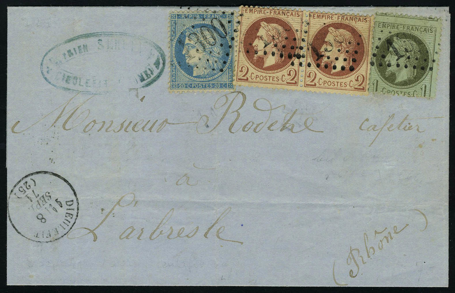 Lettre N° 25, 1c + 2 X 2c Lauré + 20 Siège, Tarif De Sept 71 à 25c De Dieulefit à L'Arbresle Thône, T.B. - Other & Unclassified