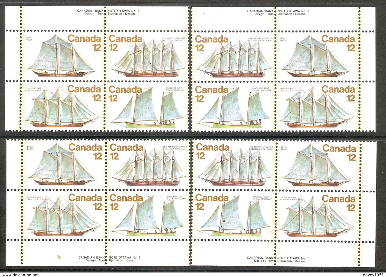 006076 Canada 1977 Ships 12c Plate Block Set MNH - Plate Number & Inscriptions