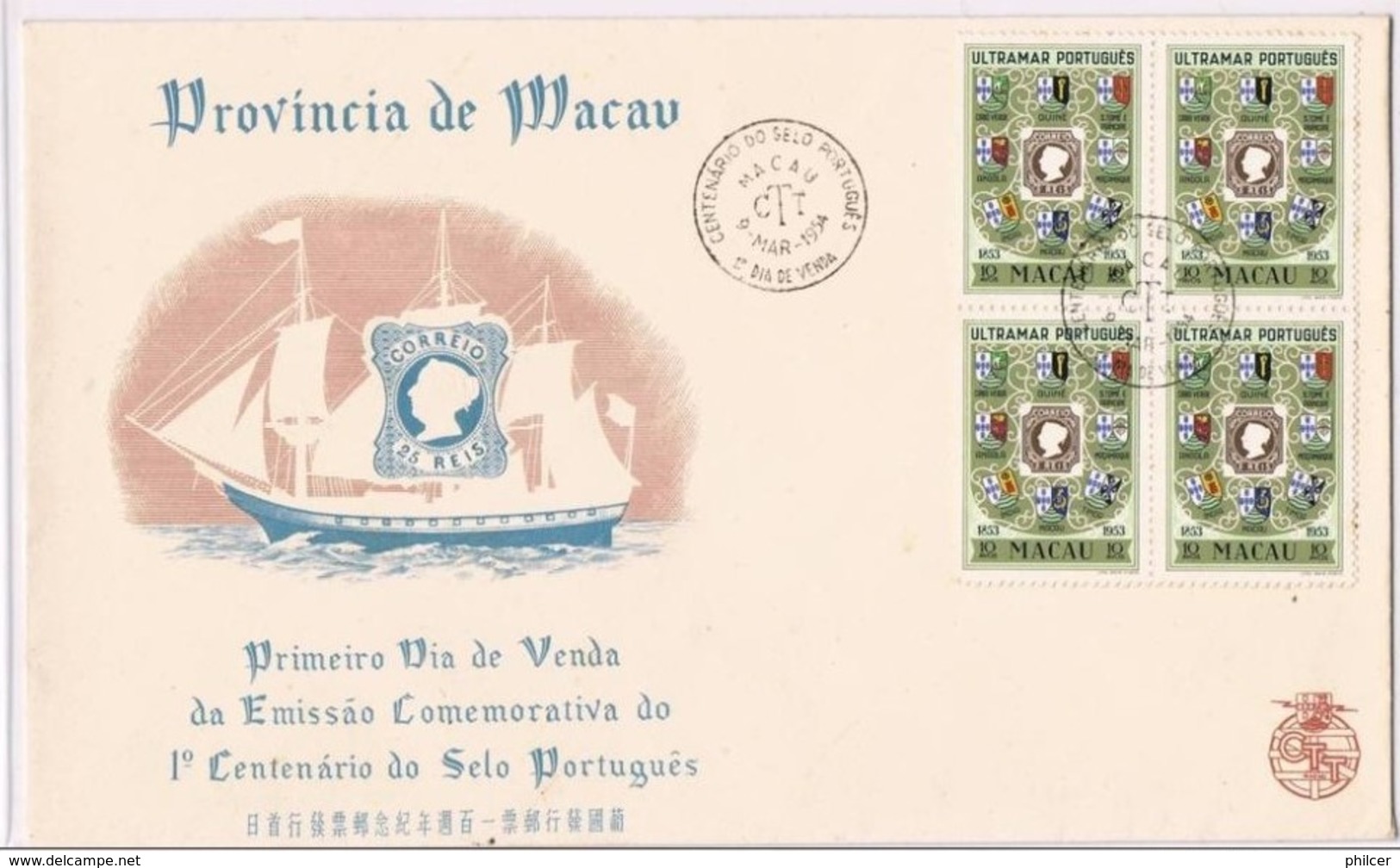 Macau, 9-03-1954, FDC Centenário Do Selo - FDC