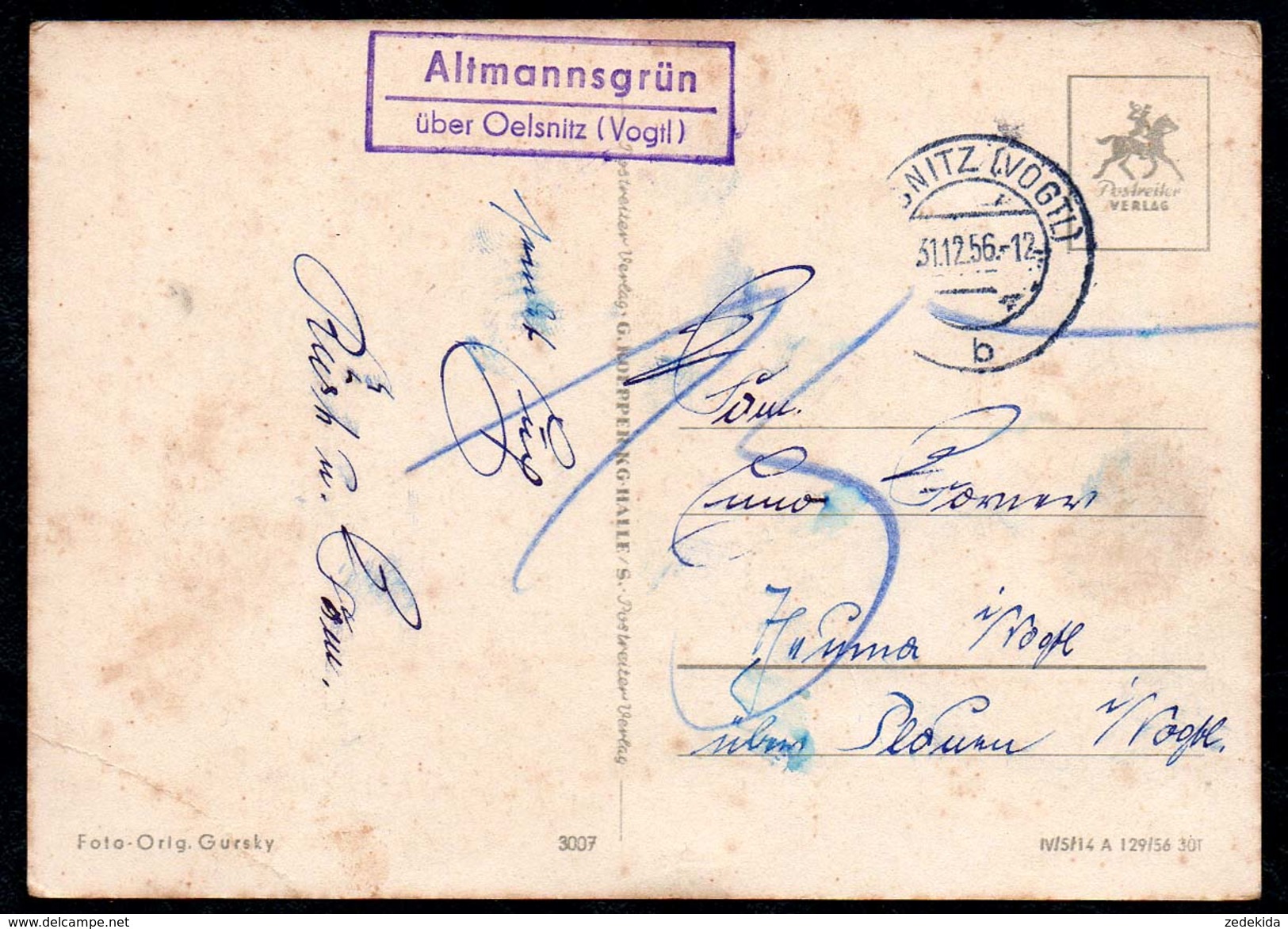 A2022 - Altmannsgrün über Oelsnitz Landpost Landpoststempel Mit Nachgebühr 1956 - Maschinenstempel (EMA)