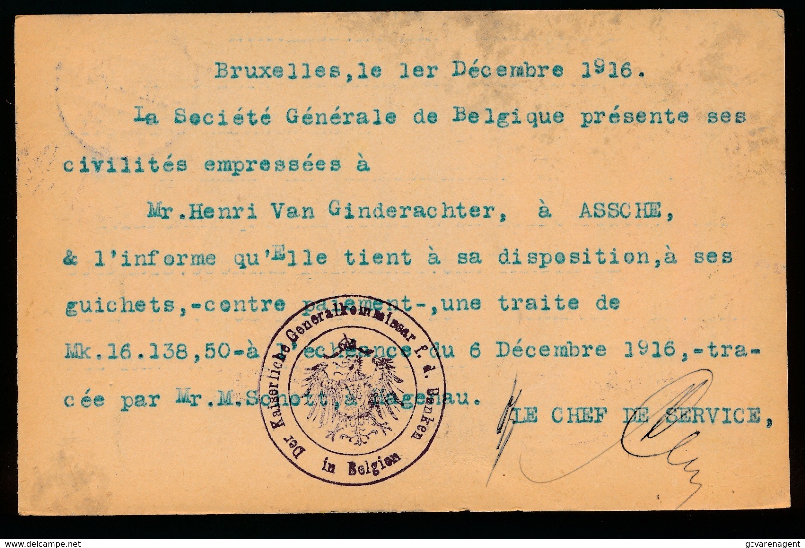 S.G.B. BRUXELLES     - DUITSE CONTROLE STEMPEL 1916 - NAAR ASSE -  ZIE 2 AFBEELDINGEN - Asse