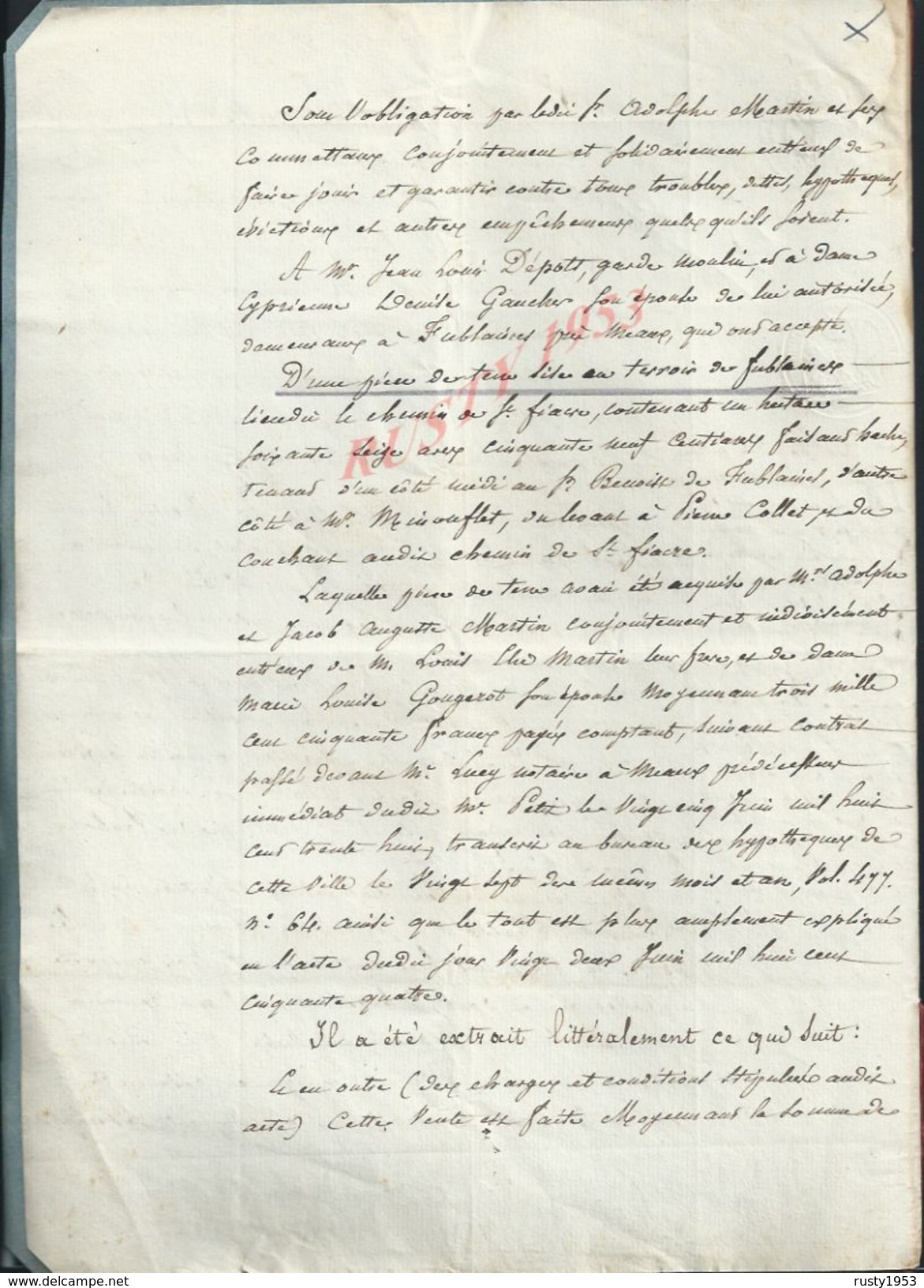 FUBLAINES 1854 ACTE DE VENTE D UNE TERRE Mr ALDOLPHE MARTIN À Md DÉPOTS DE FUBLAINE 5 PAGES : - Manuscripts