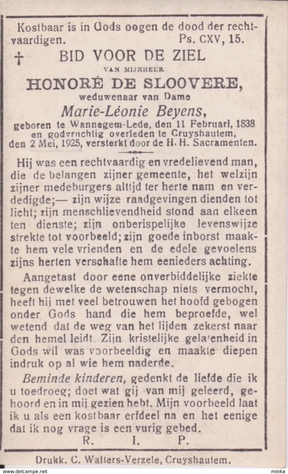 Doodsprentje (7464) Wannegem Lede - Cruyshautem Kruishoutem - DE SLOOVERE / BEYENS 1838 - 1925 - Andachtsbilder