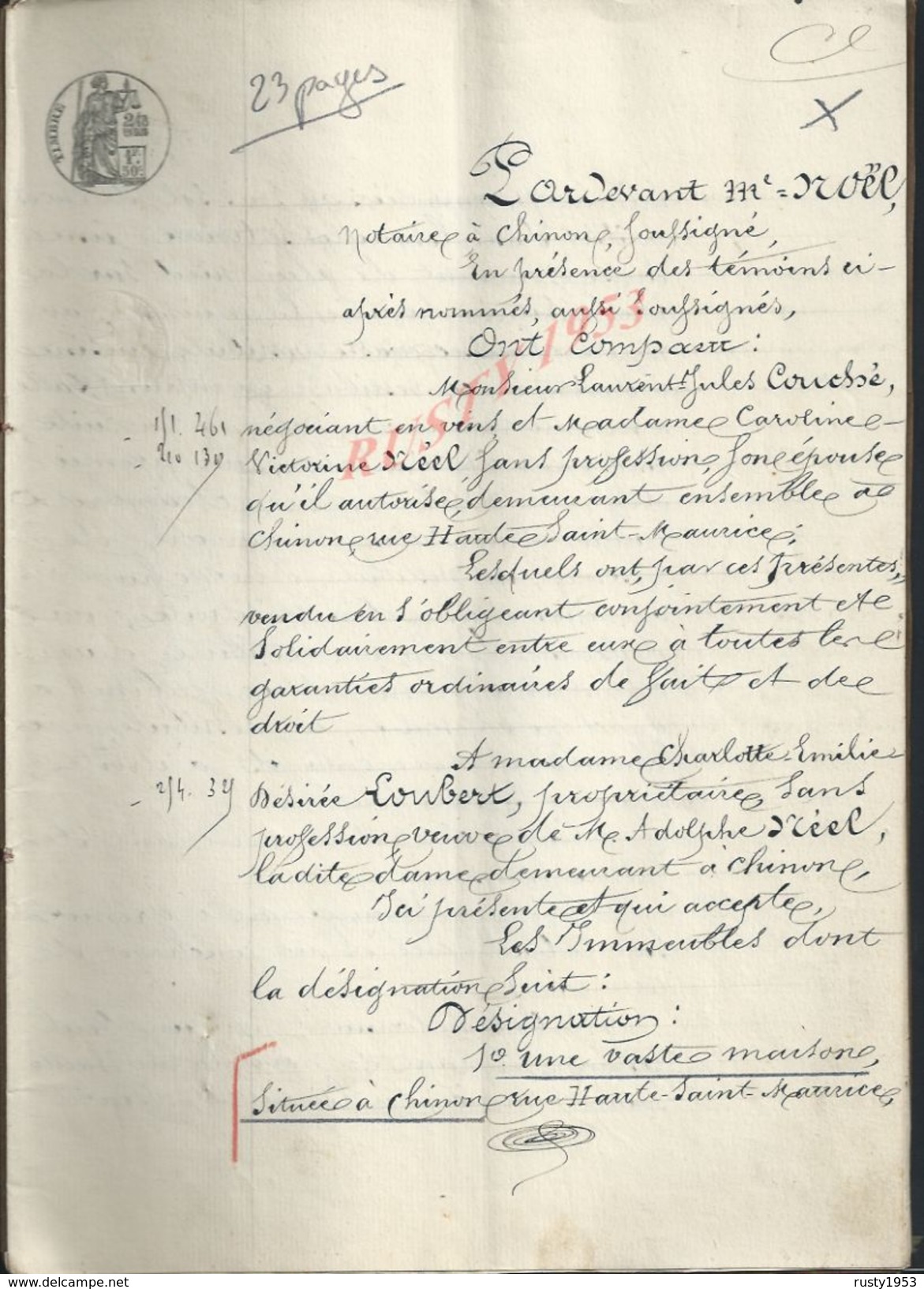 CHINON 1882 ACTE VENTE D UNE MAISON PAR Mr COUCHÉ À Md MÉEL 23 PAGES : - Manuscripts