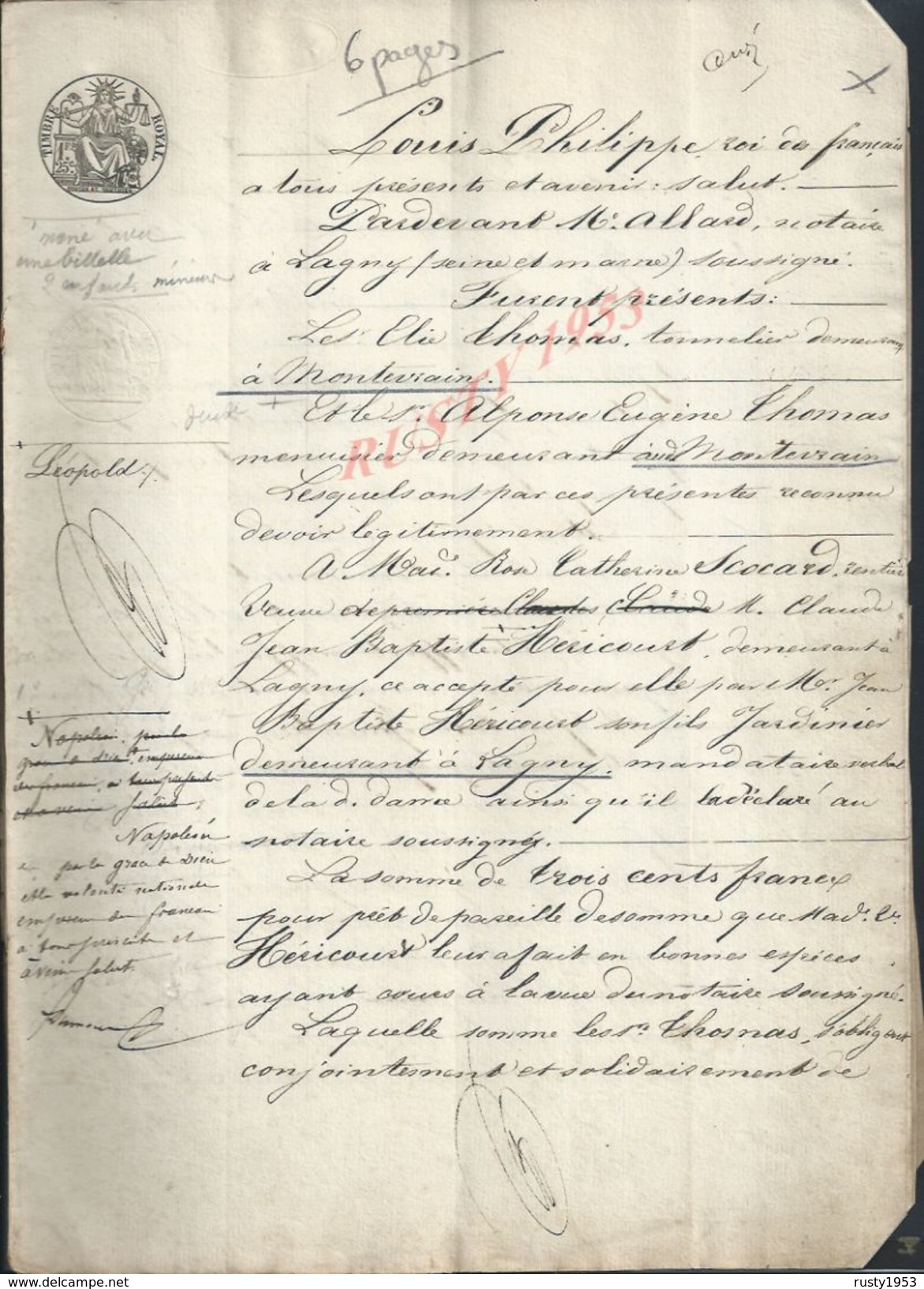 MONTEVRAIN X LAGNY 1847 ACTE D OBLIGATION PAR S THOMAS À HERICOURT 6 PAGES : - Manuscripts