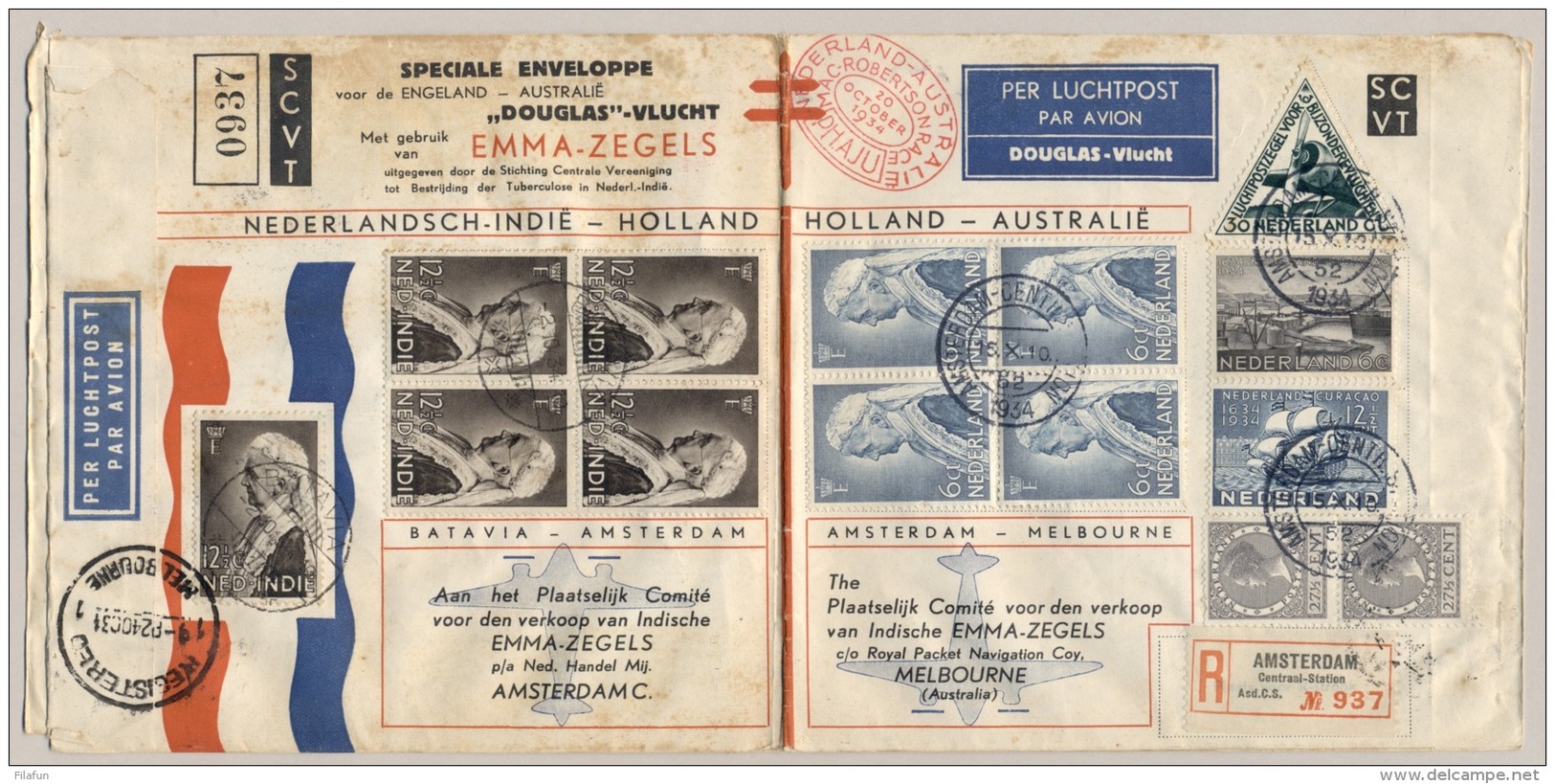 Nederlands Indië - 1934 - MacRobertson, Speciale SCVT Envelop (tuberculose) Batavia- Amsterdam- Melbourne - Niet 100% - Nederlands-Indië