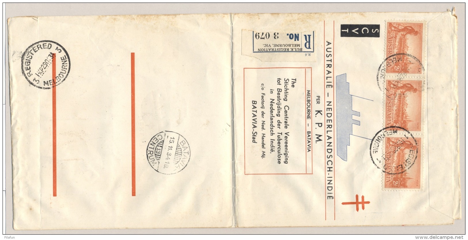 Nederlands Indië - 1934 - MacRobertson, Speciale SCVT Envelop (tuberculose) Batavia- Amsterdam- Melbourne - Niet 100% - Nederlands-Indië