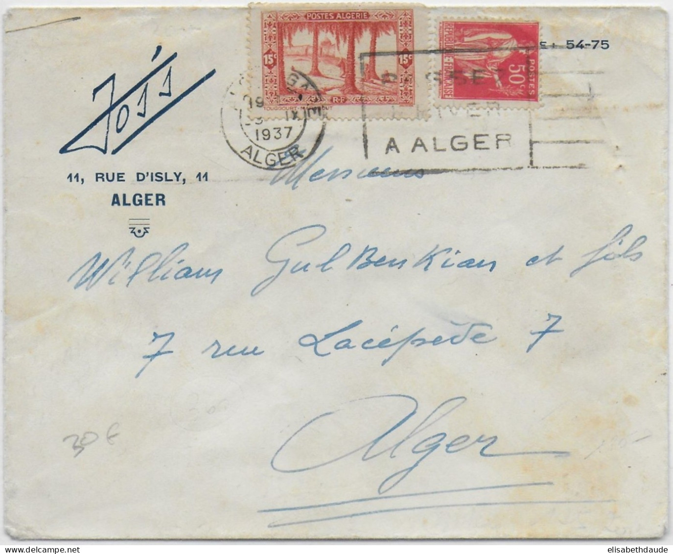 1937 - RARE MIXTE TYPE PAIX / ALGERIE Sur LETTRE Par AVION De ALGER GARE Avec MECA => ALGER - 1932-39 Frieden