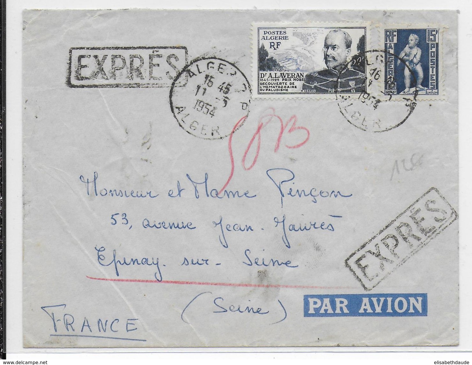 1954 - ALGERIE - LETTRE EXPRES Par AVION De ALGER => EPINAY SUR SEINE - Brieven En Documenten