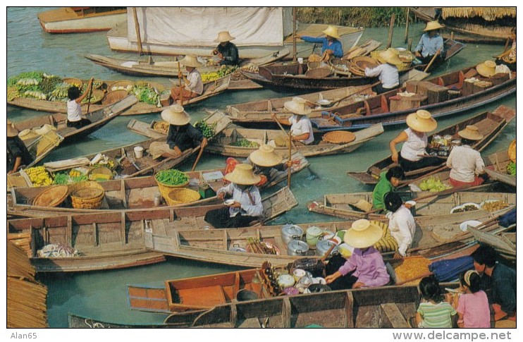 Bangkok Thailand, Floating Market Wat Sai, C1960s/70 Vintage Postcard - Thailand