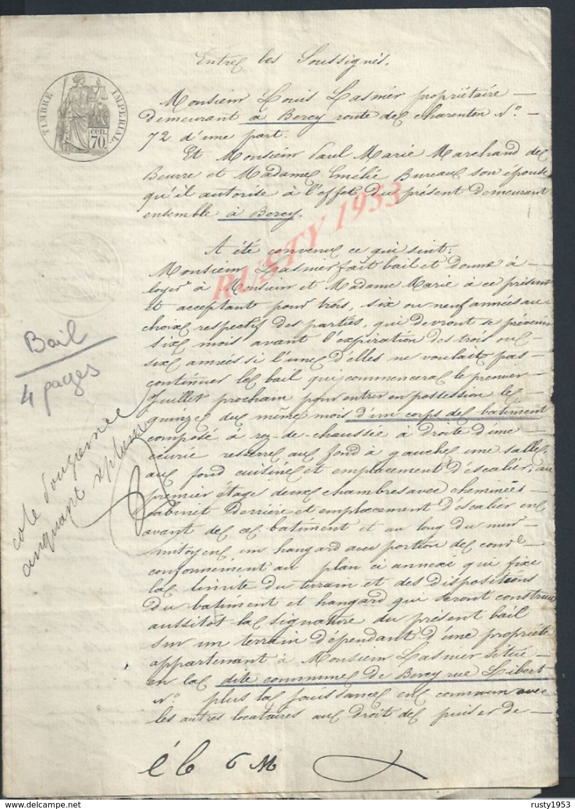 PARIS BERCY 1854 ACTE DE BAIL D UN CORPS DE BATIMENT APPROUVÉ LUNIER À PAUL MARIE & MELIE BURAUX ? 4 PAGES : - Manuscripts