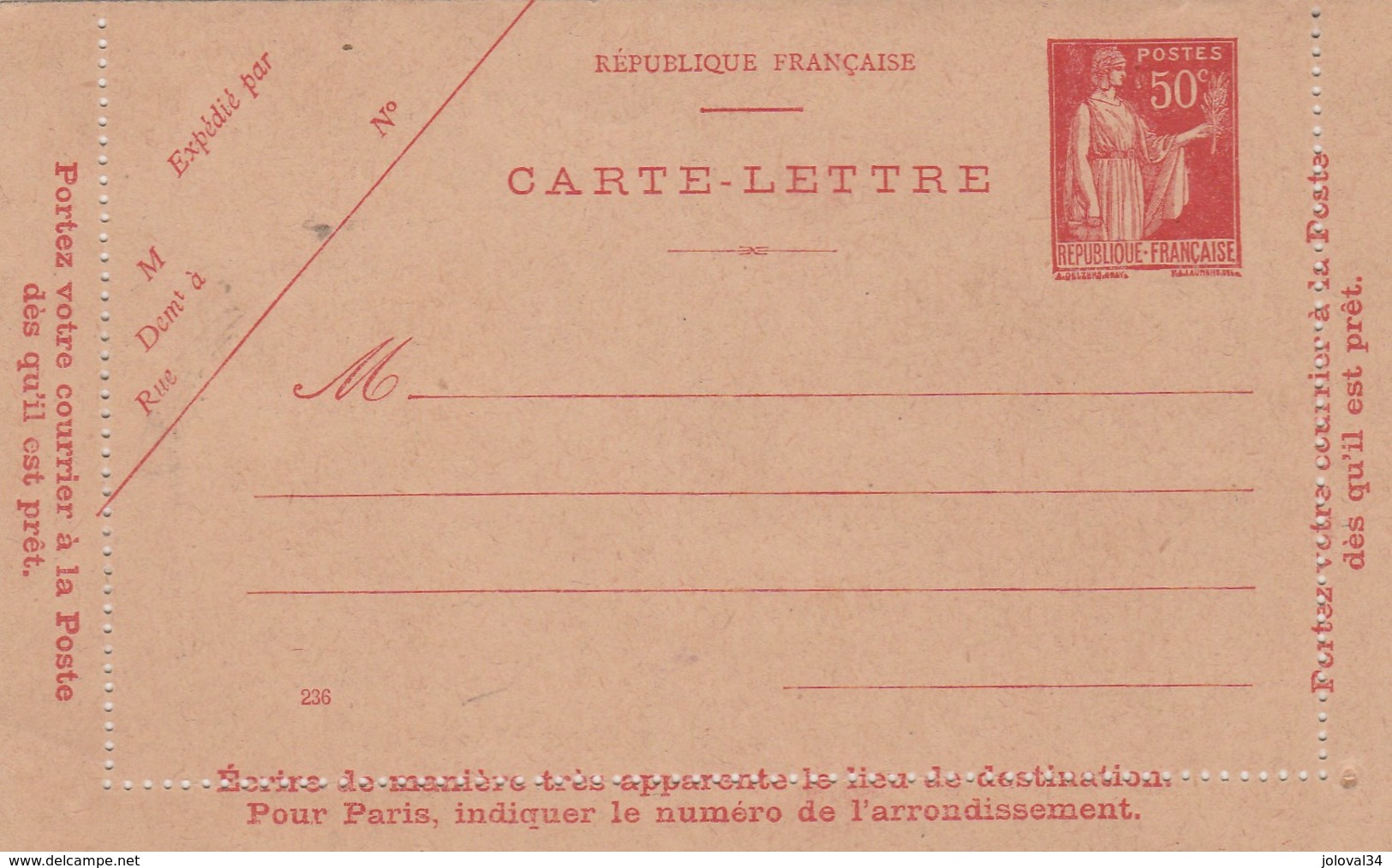 Entier  Carte Lettre Neuve Yvert 283 CL1 Type Paix Date 236 - Kartenbriefe