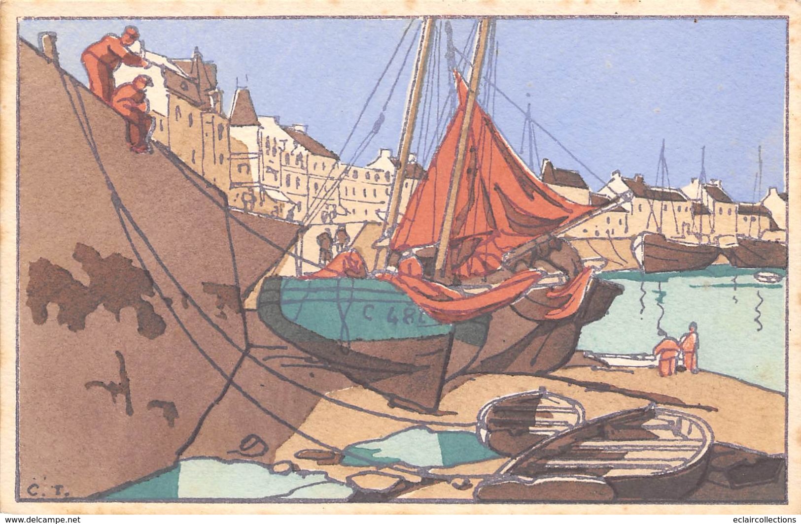 Le Pouliguen       44         Bateau Au Port A Marée Basse   Dessinée Et Aquarellée         (voir Scan ) - Le Pouliguen