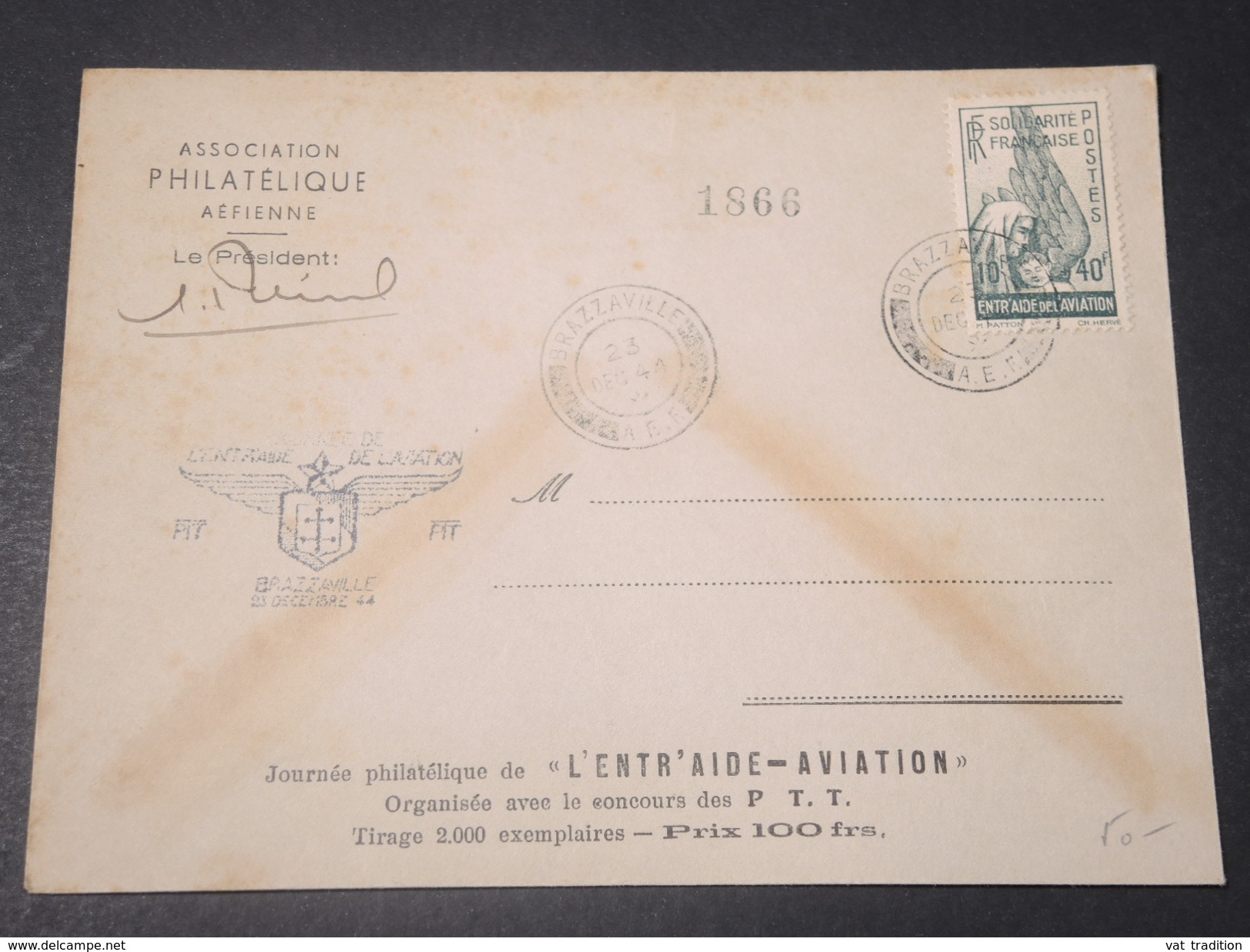 FRANCE / COLONIES GÉNÉRALES - Enveloppe  De L 'entraide De L 'aviation Avec Timbre ,de Brazzaville En 1944-  L 11541 - Autres & Non Classés
