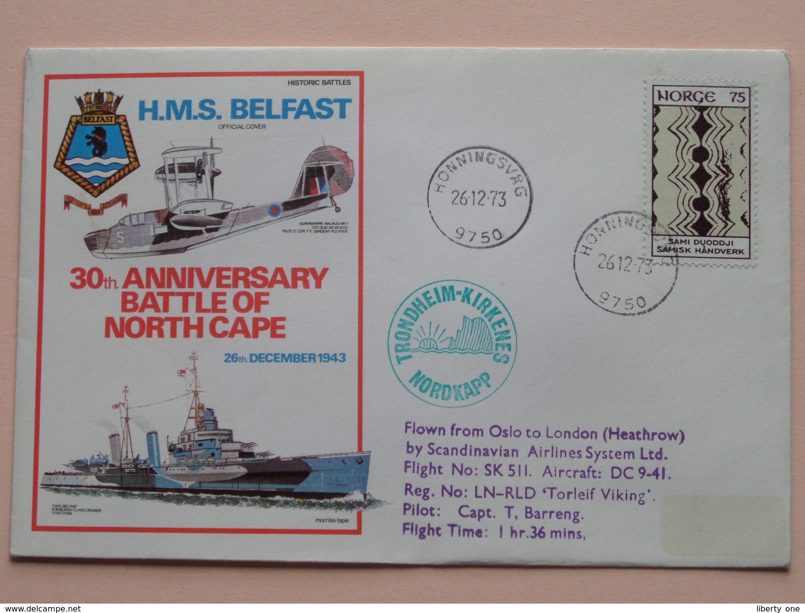 30th Anniversary BATTLE Of NORTH CAPE " H.M.S. BELFAST " : Stamp Honningsvag > 1973 ( Zie Foto ) ! - FDC