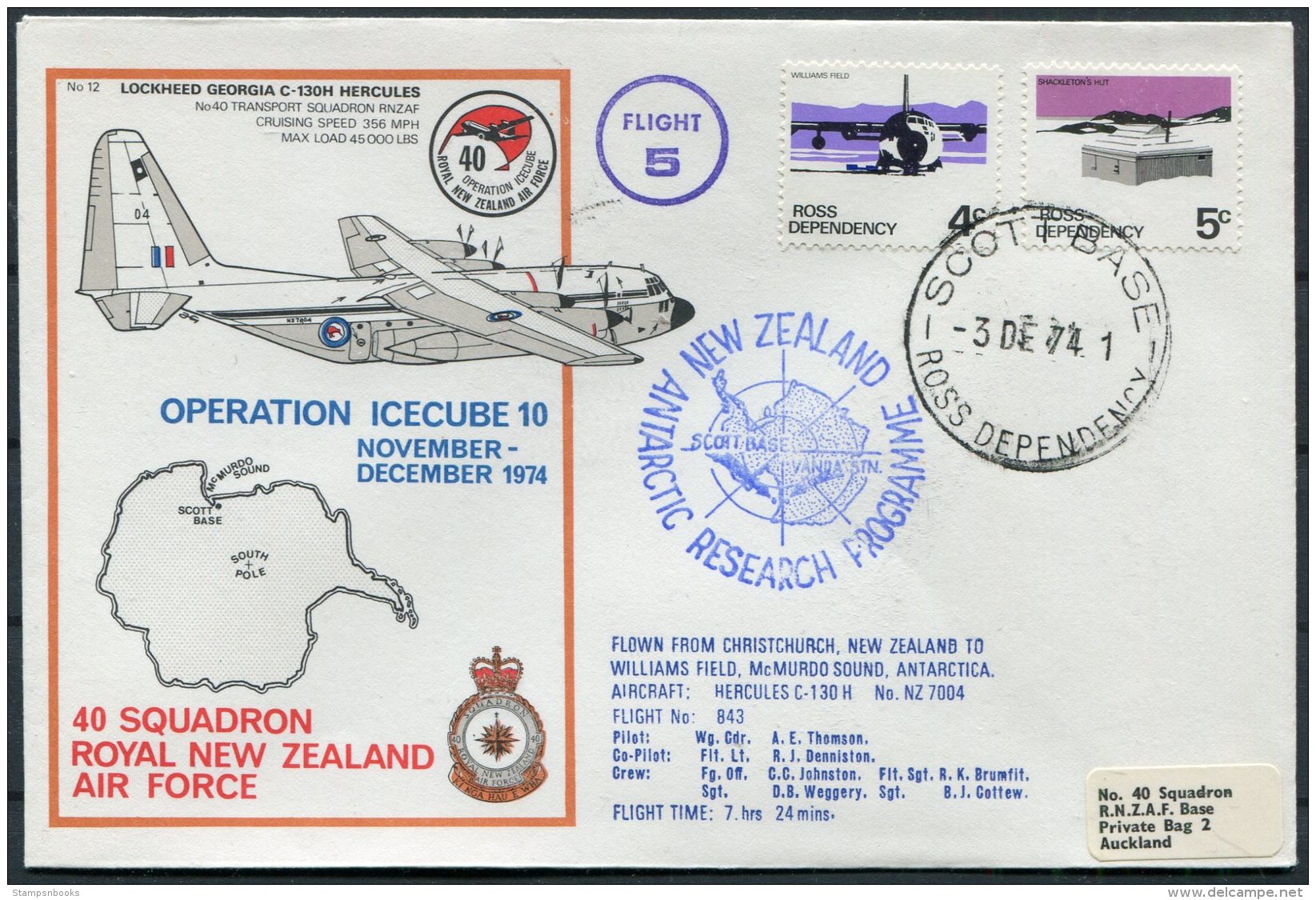 1974 Ross Dependency Antarctic Research Scott Base. Operation Icecube RNZAF Vanda Flight Cover - Covers & Documents