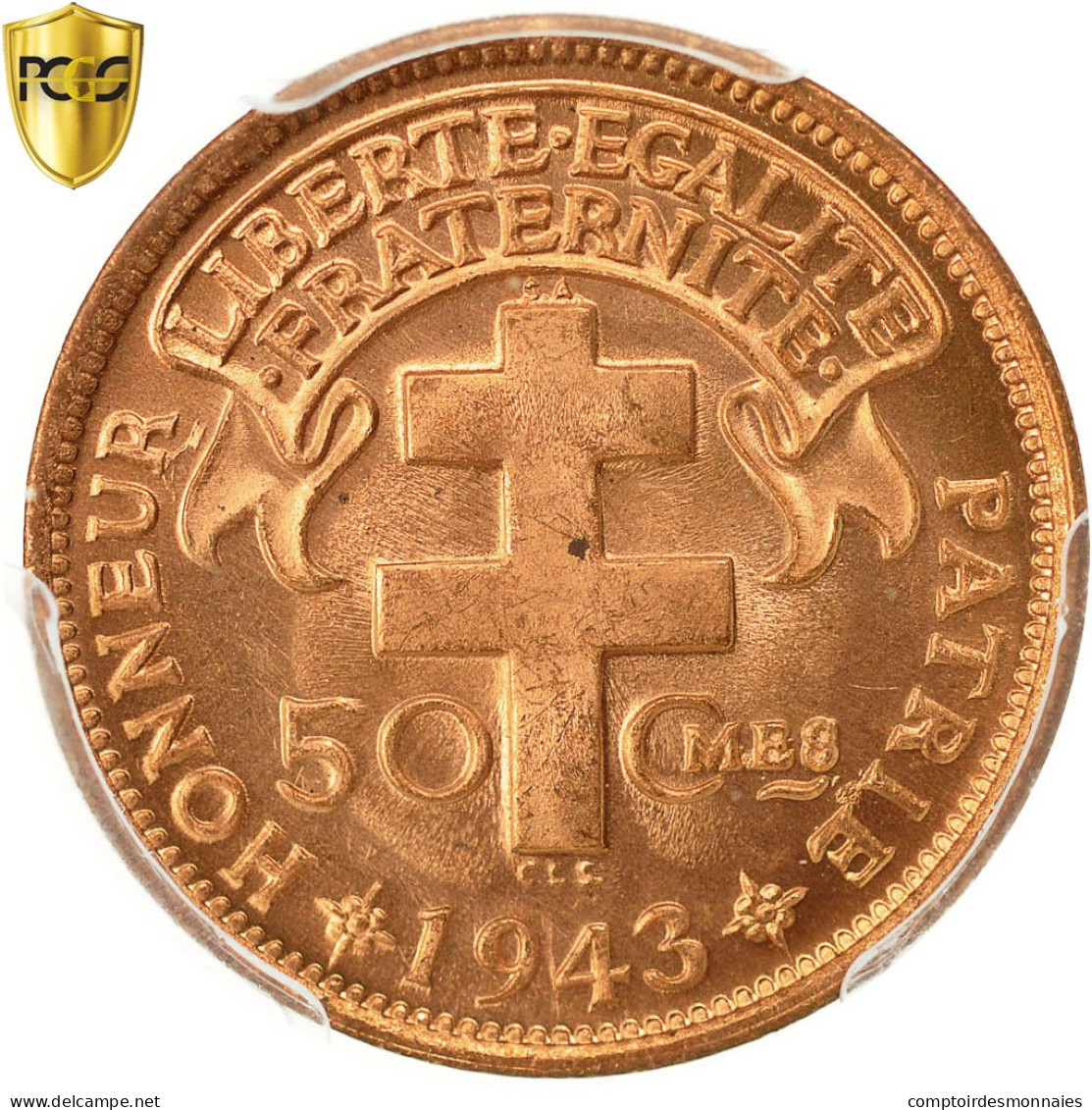 Monnaie, Cameroun, 50 Centimes, 1943, Pretoria, PCGS, MS66RD, FDC, Bronze, KM:6 - Cameroun