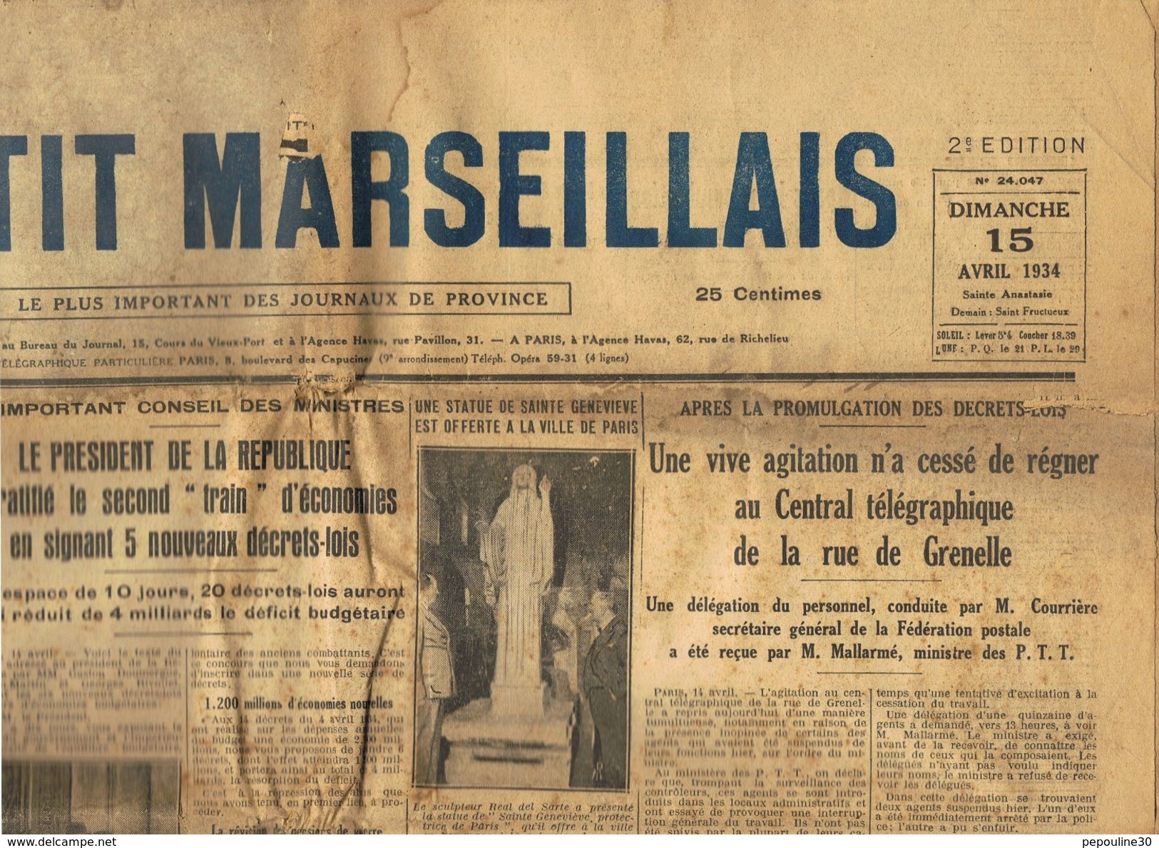 ** JOURNAL ** LE PETIT MARSEILLAIS ** 2ème ÉDITION DU ** DIMANCHE 15 AVRIL 1934 ** - Le Petit Marseillais