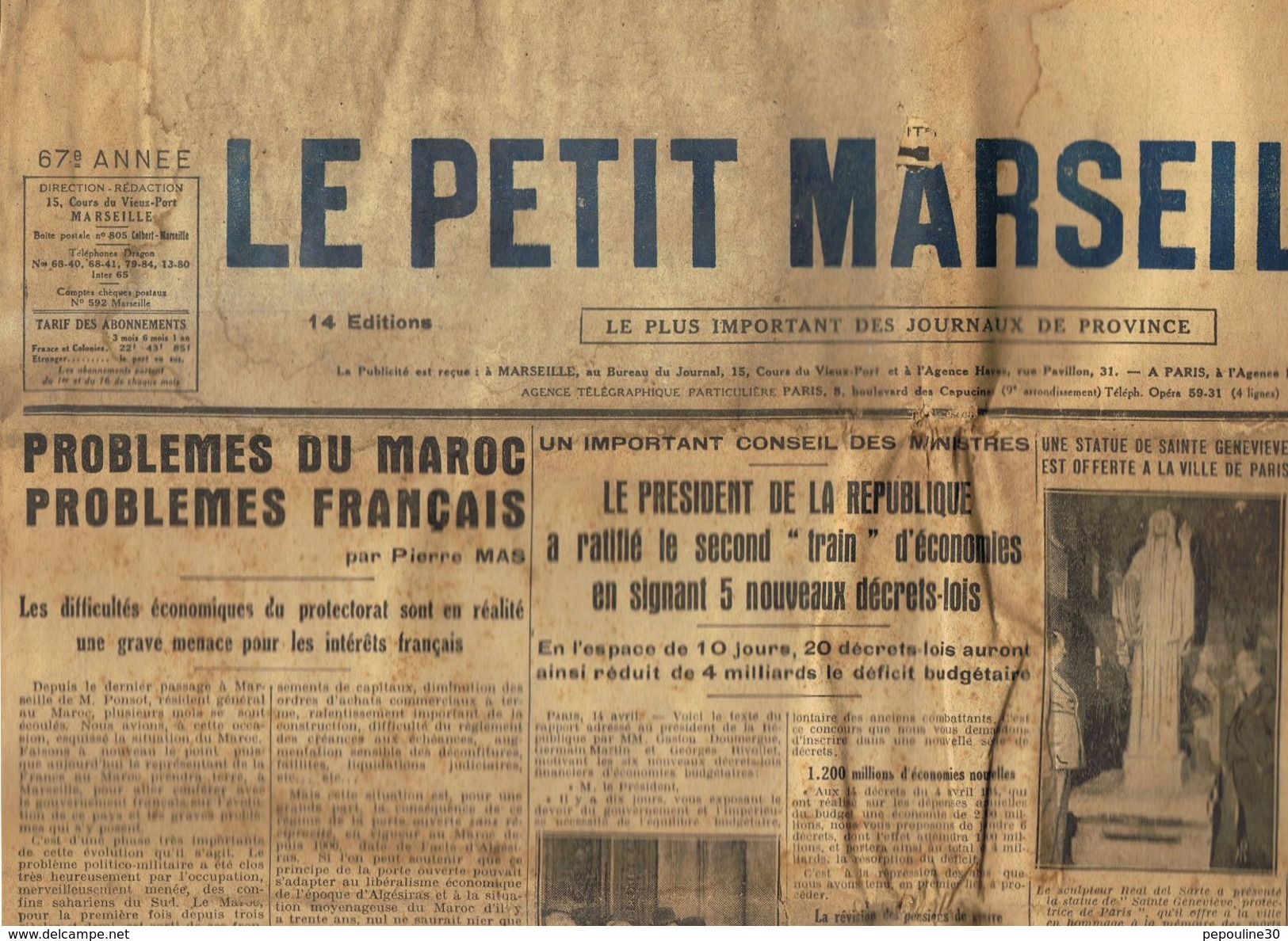 ** JOURNAL ** LE PETIT MARSEILLAIS ** 2ème ÉDITION DU ** DIMANCHE 15 AVRIL 1934 ** - Le Petit Marseillais