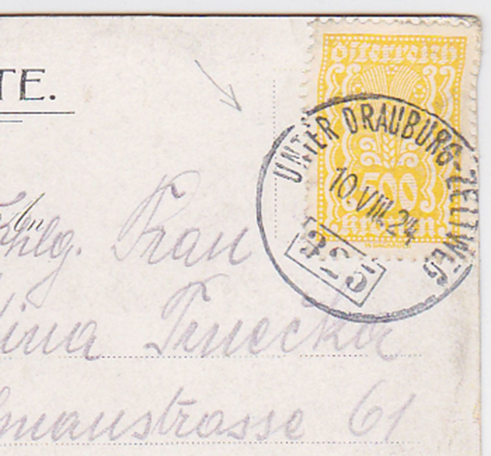 AUSTRIA 1924 (10.8.) ART PC (Wolfsberg Castle) RAILW.PM "Unter Drauburg-Zeltweg" - Other & Unclassified