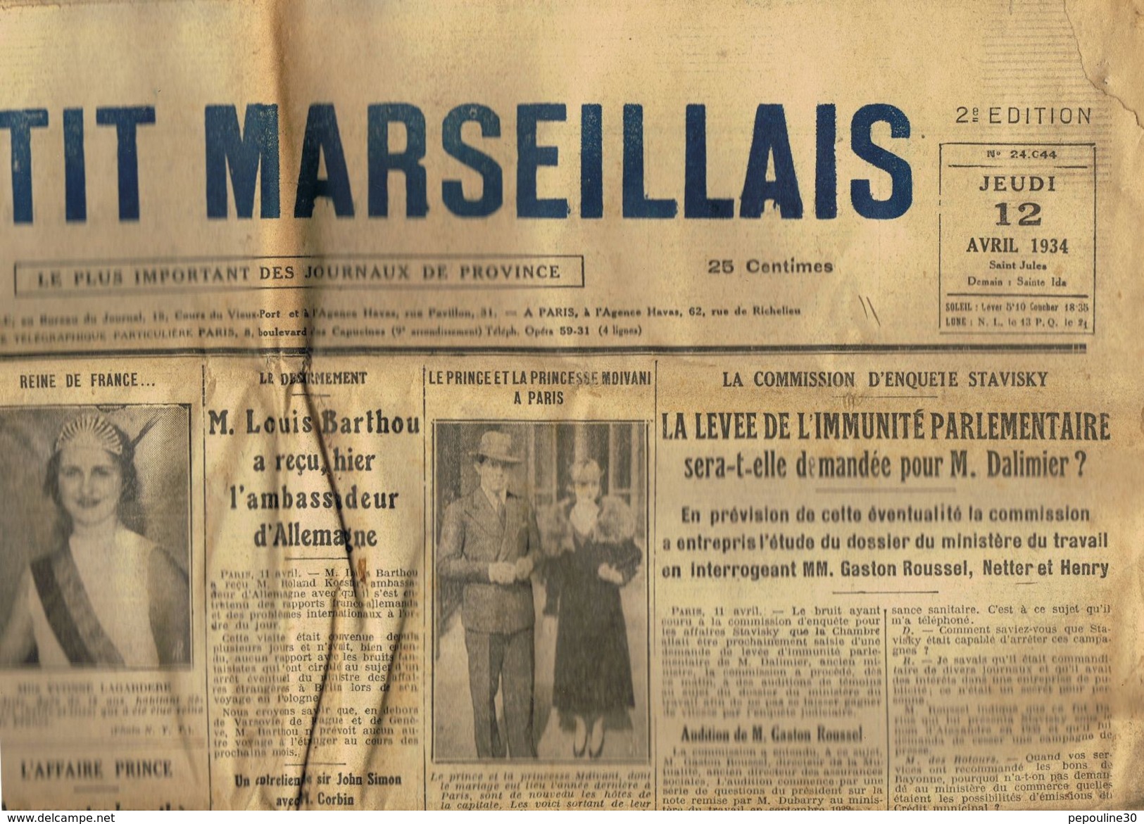 ** JOURNAL ** LE PETIT MARSEILLAIS ** 2ème ÉDITION DU ** JEUDI 12 AVRIL 1934 ** - Le Petit Marseillais