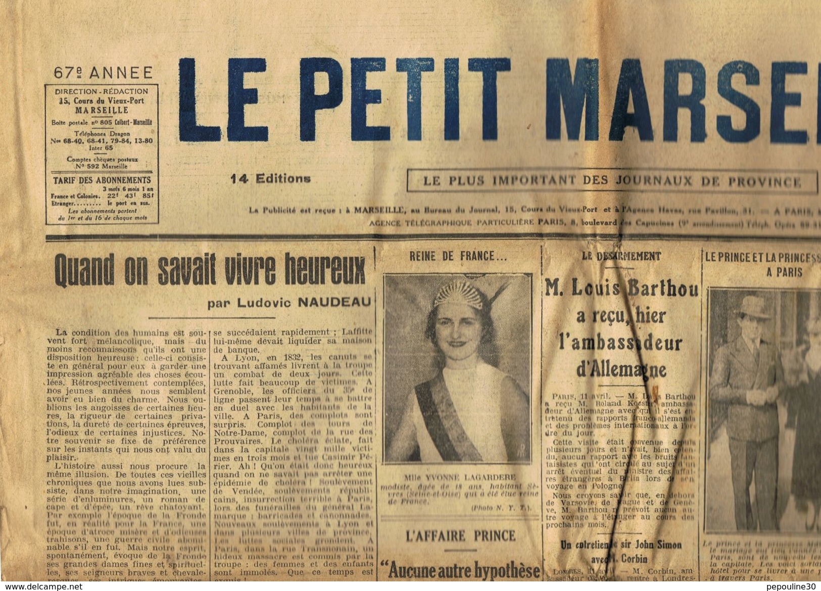 ** JOURNAL ** LE PETIT MARSEILLAIS ** 2ème ÉDITION DU ** JEUDI 12 AVRIL 1934 ** - Le Petit Marseillais