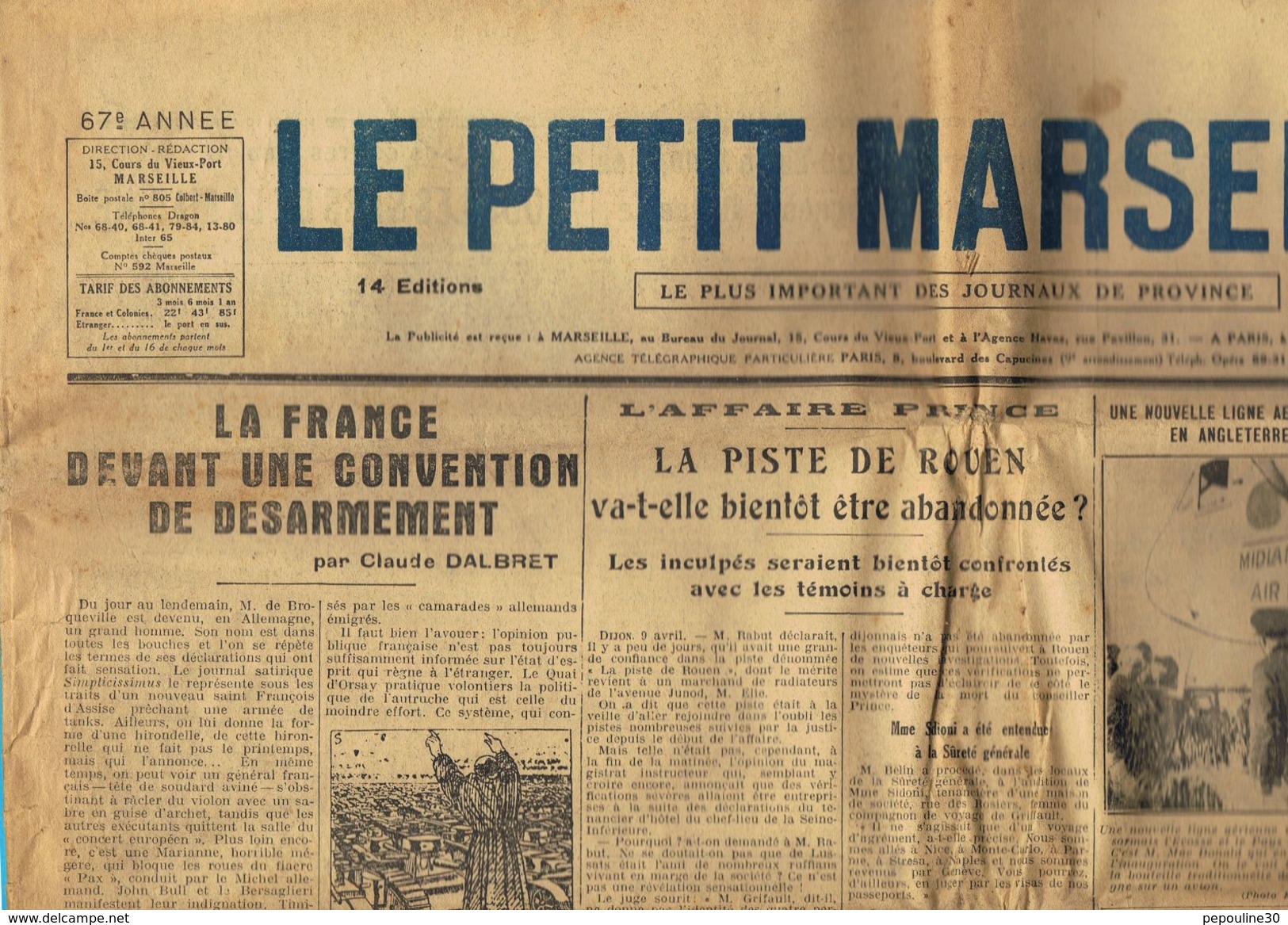 ** JOURNAL ** LE PETIT MARSEILLAIS ** 2ème ÉDITION DU ** MARDI 10 AVRIL 1934 ** - Le Petit Marseillais