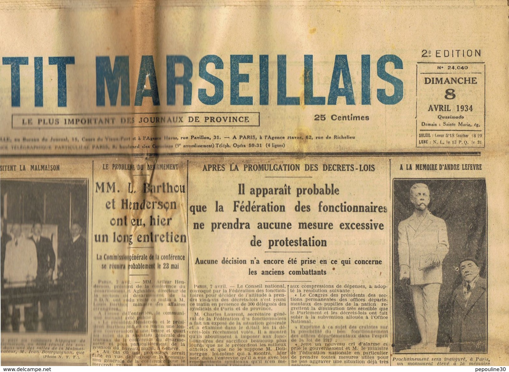 ** JOURNAL ** LE PETIT MARSEILLAIS ** 2ème ÉDITION DU ** DIMANCHE 08 AVRIL 1934 ** - Le Petit Marseillais