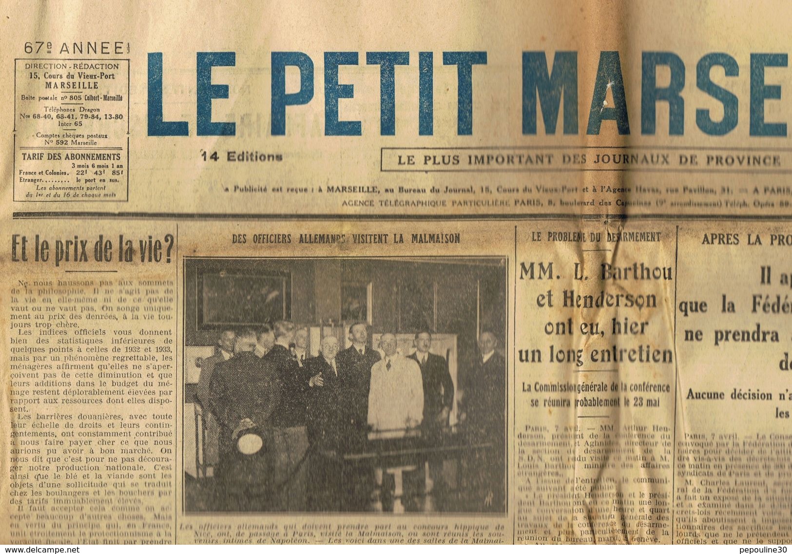 ** JOURNAL ** LE PETIT MARSEILLAIS ** 2ème ÉDITION DU ** DIMANCHE 08 AVRIL 1934 ** - Le Petit Marseillais