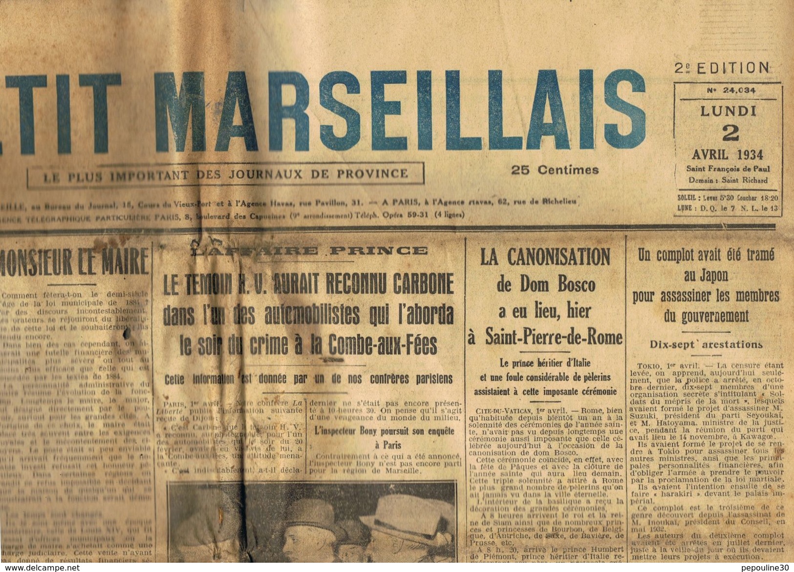 ** JOURNAL ** LE PETIT MARSEILLAIS ** 2ème ÉDITION DU ** LUNDI 02 AVRIL 1934 ** - Le Petit Marseillais