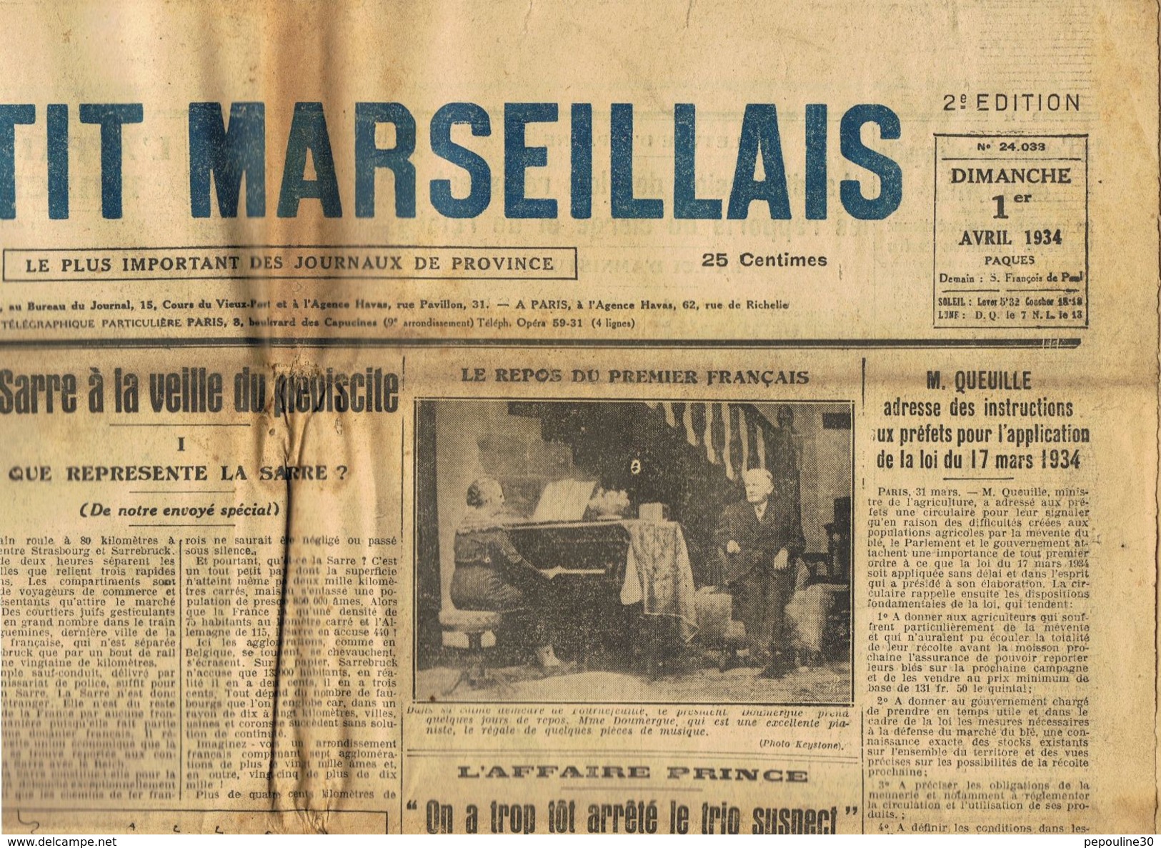 ** JOURNAL ** LE PETIT MARSEILLAIS ** 2ème ÉDITION DU ** DIMANCHE 1er AVRIL 1934 ** - Le Petit Marseillais