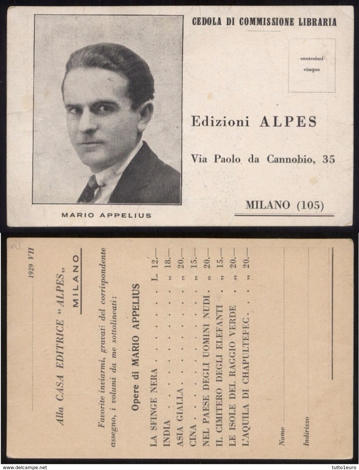 MILANO ANNI 40 - CASA EDITRICE ALPES - CEDOLA DI COMMISSIONE LIBRARIA - APPELIUS - Negozi