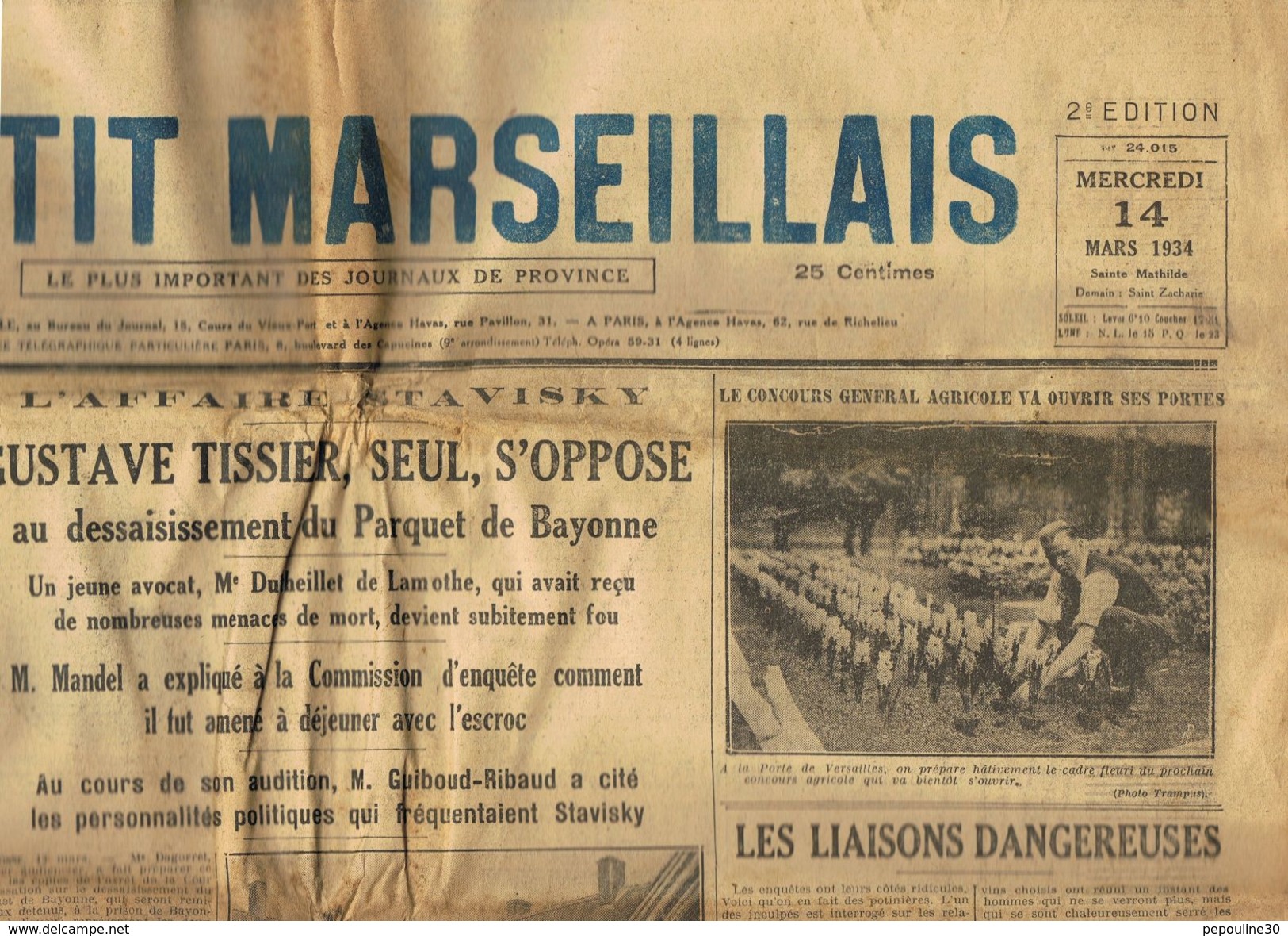 ** JOURNAL ** LE PETIT MARSEILLAIS ** 2ème ÉDITION DU ** MERCREDI 14 MARS 1934 ** - Le Petit Marseillais